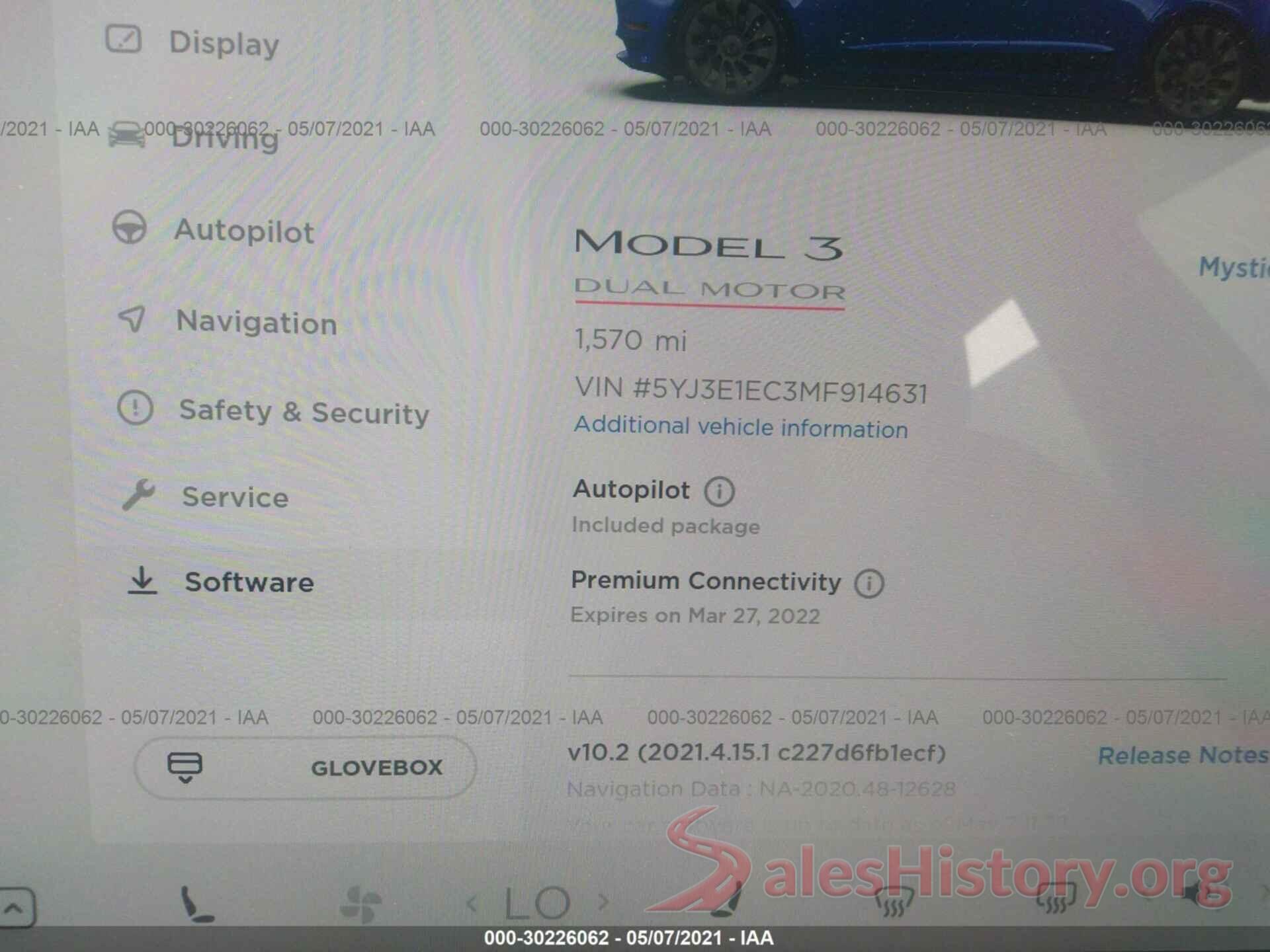 5YJ3E1EC3MF914631 2021 TESLA MODEL 3