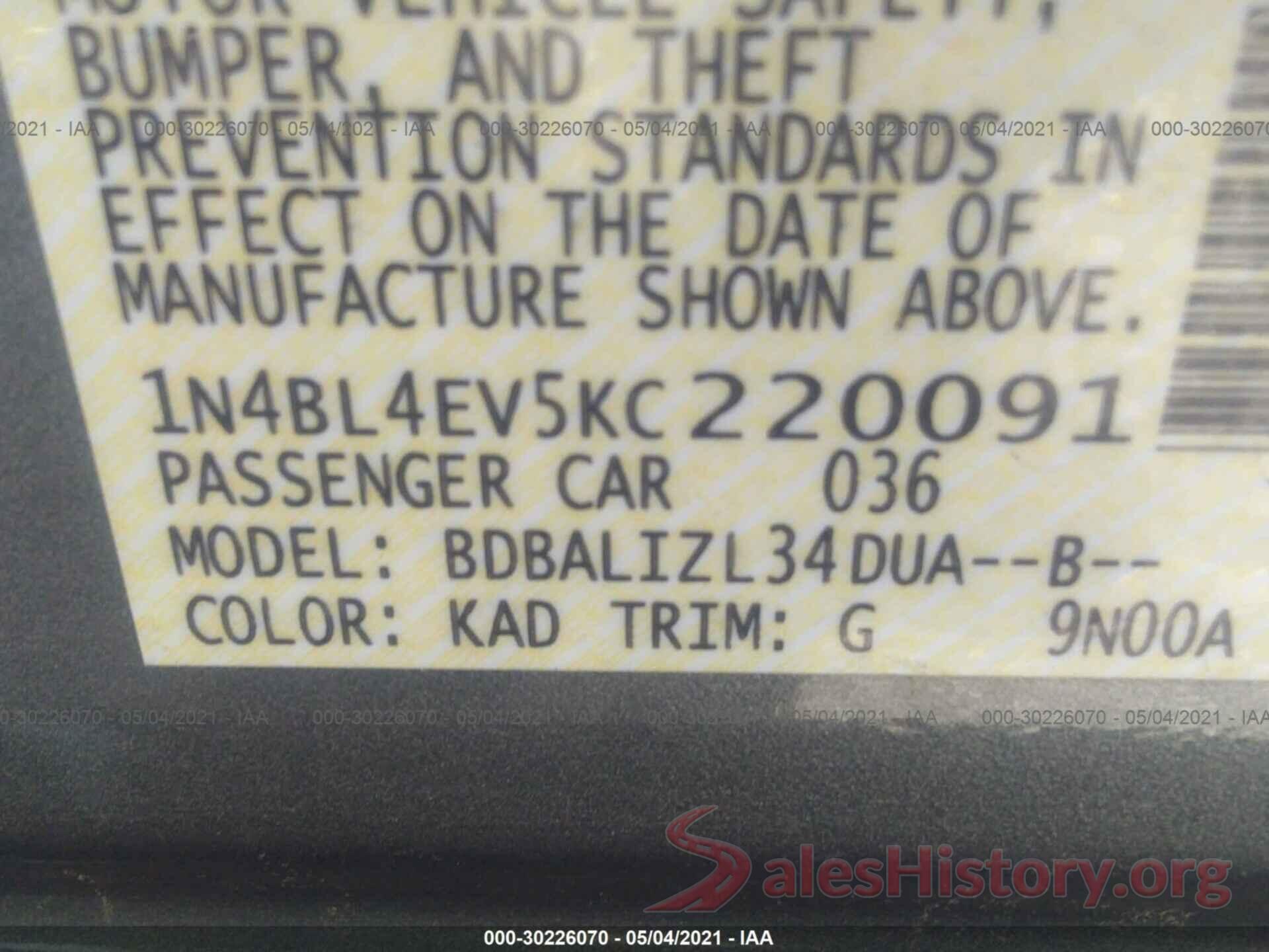 1N4BL4EV5KC220091 2019 NISSAN ALTIMA