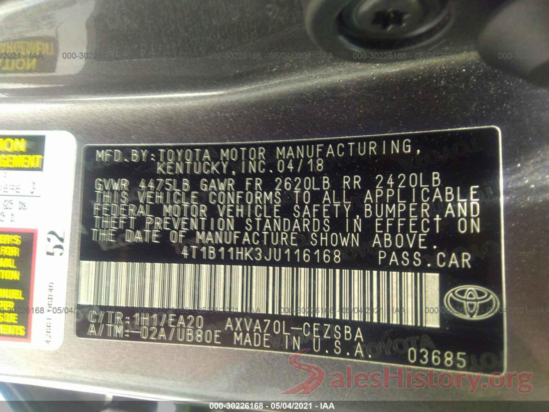 4T1B11HK3JU116168 2018 TOYOTA CAMRY