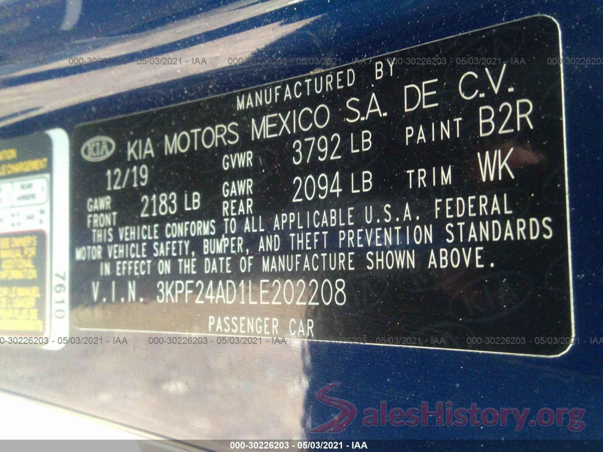 3KPF24AD1LE202208 2020 KIA FORTE