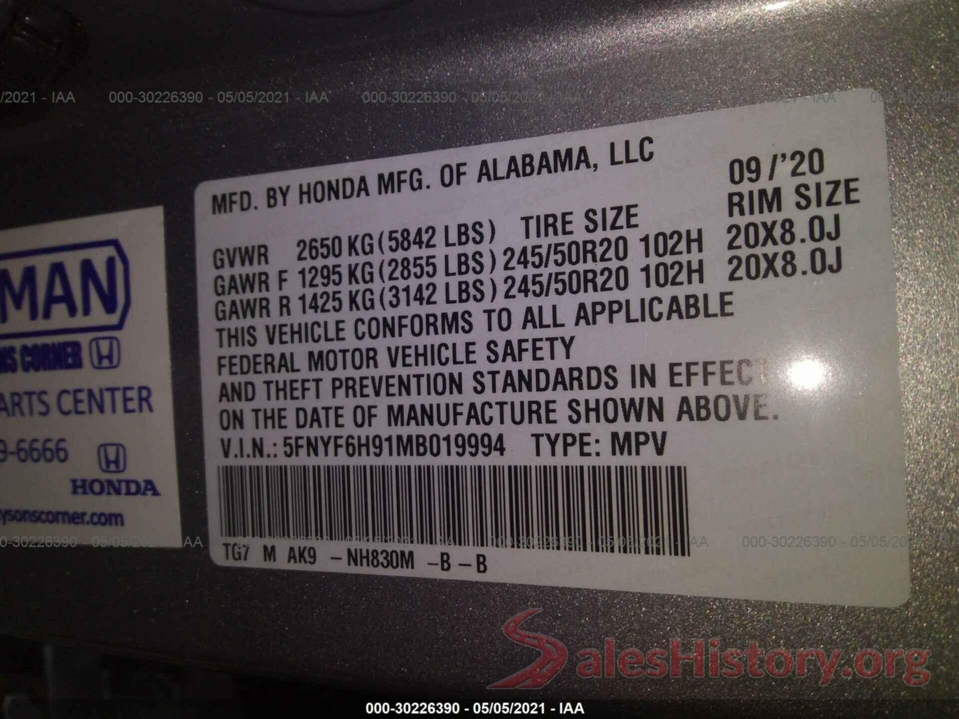 5FNYF6H91MB019994 2021 HONDA PILOT