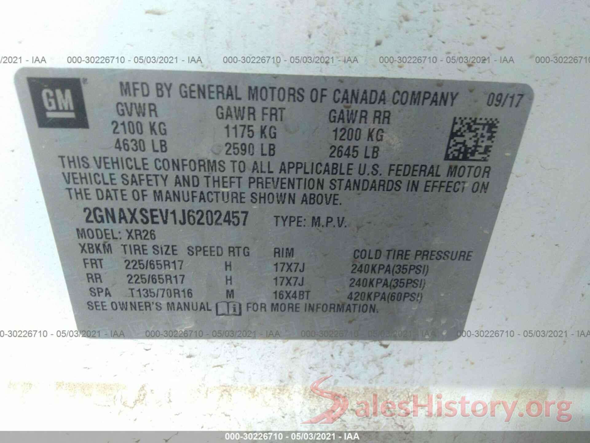 2GNAXSEV1J6202457 2018 CHEVROLET EQUINOX