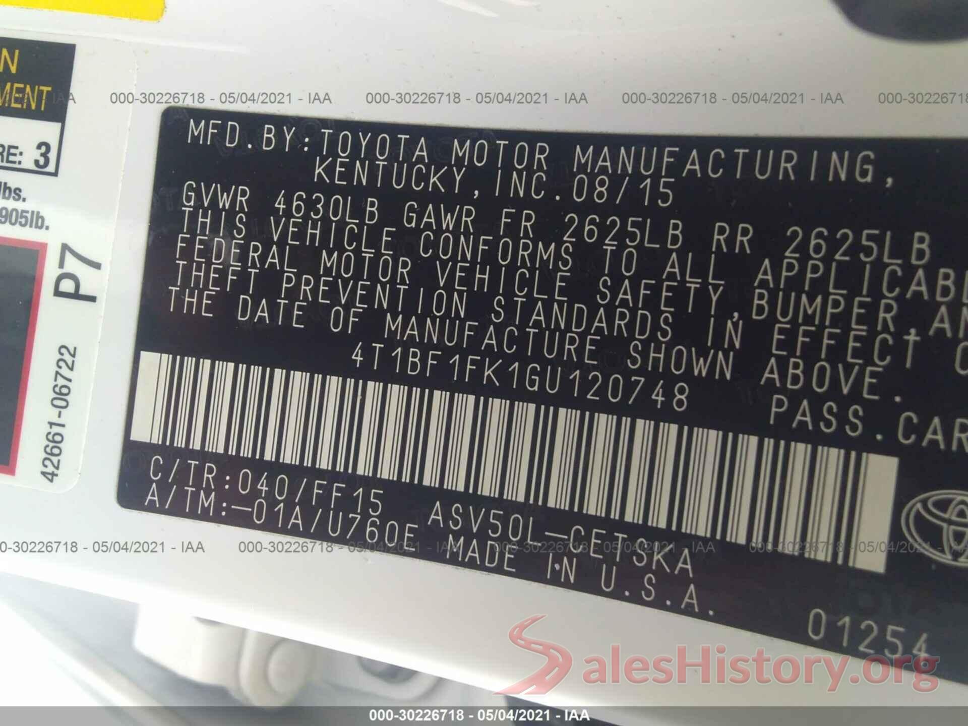 4T1BF1FK1GU120748 2016 TOYOTA CAMRY