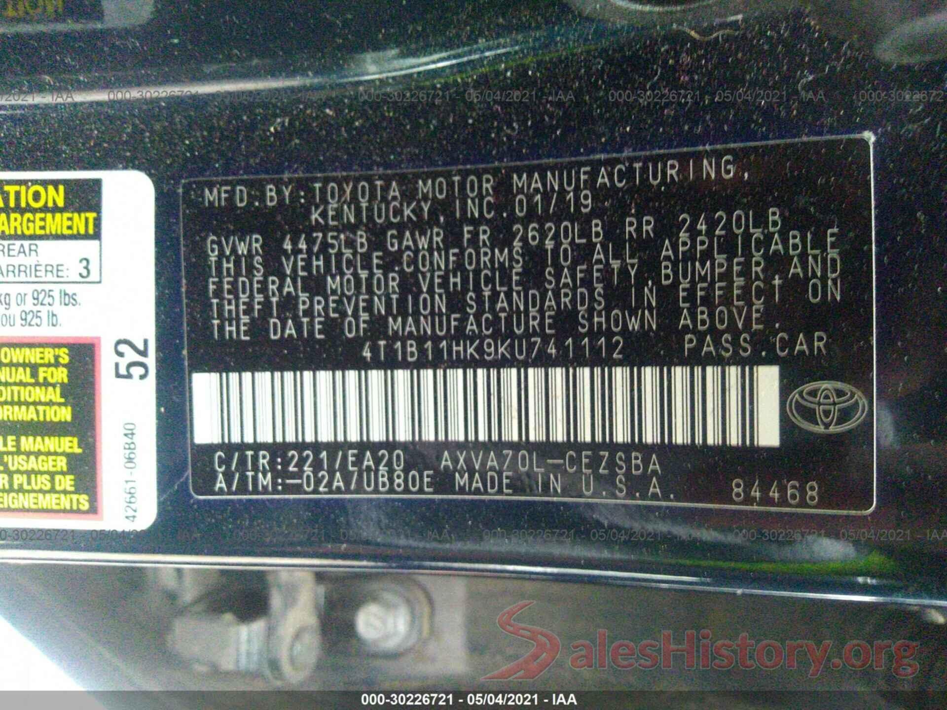 4T1B11HK9KU741112 2019 TOYOTA CAMRY