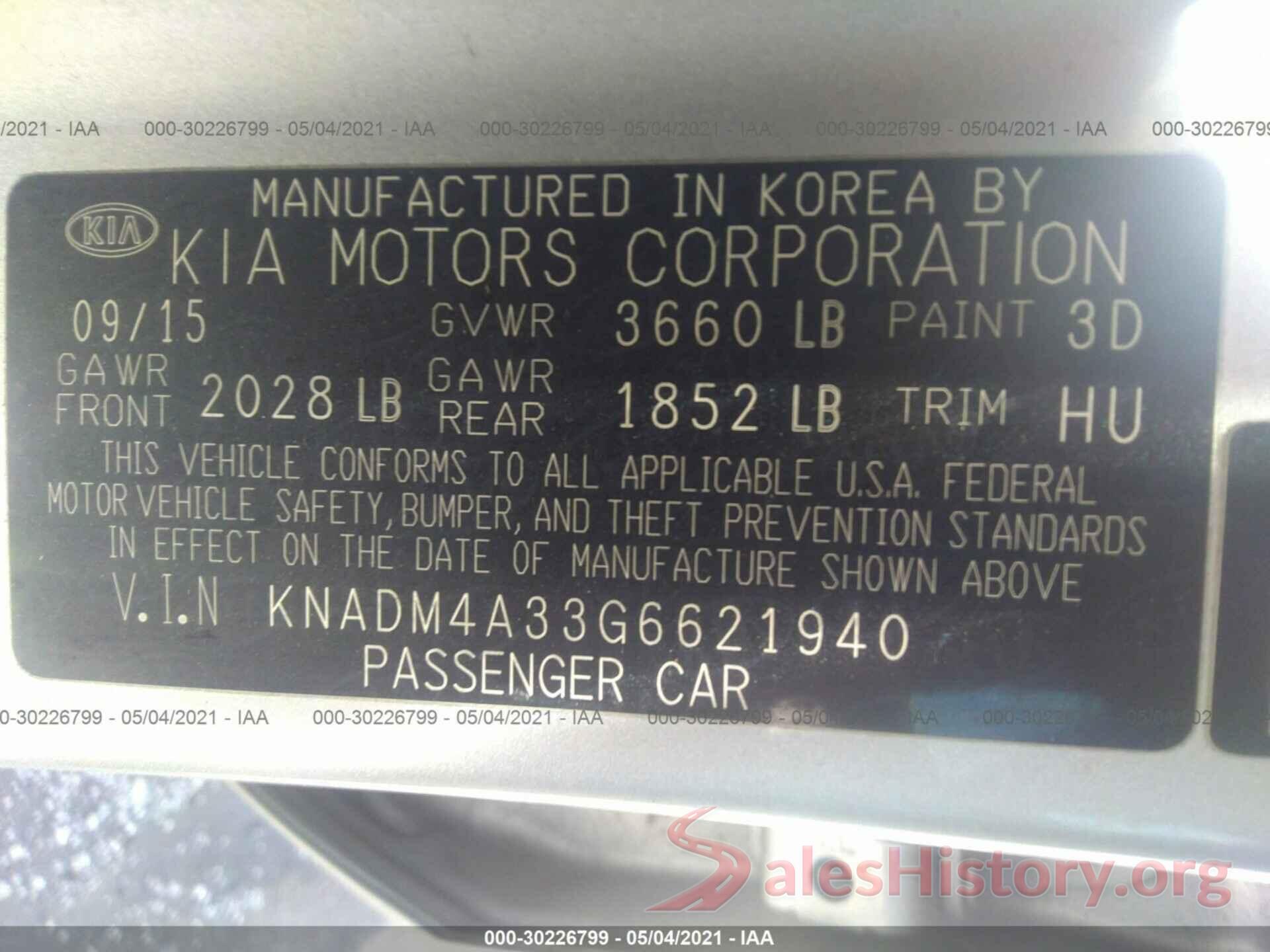 KNADM4A33G6621940 2016 KIA RIO