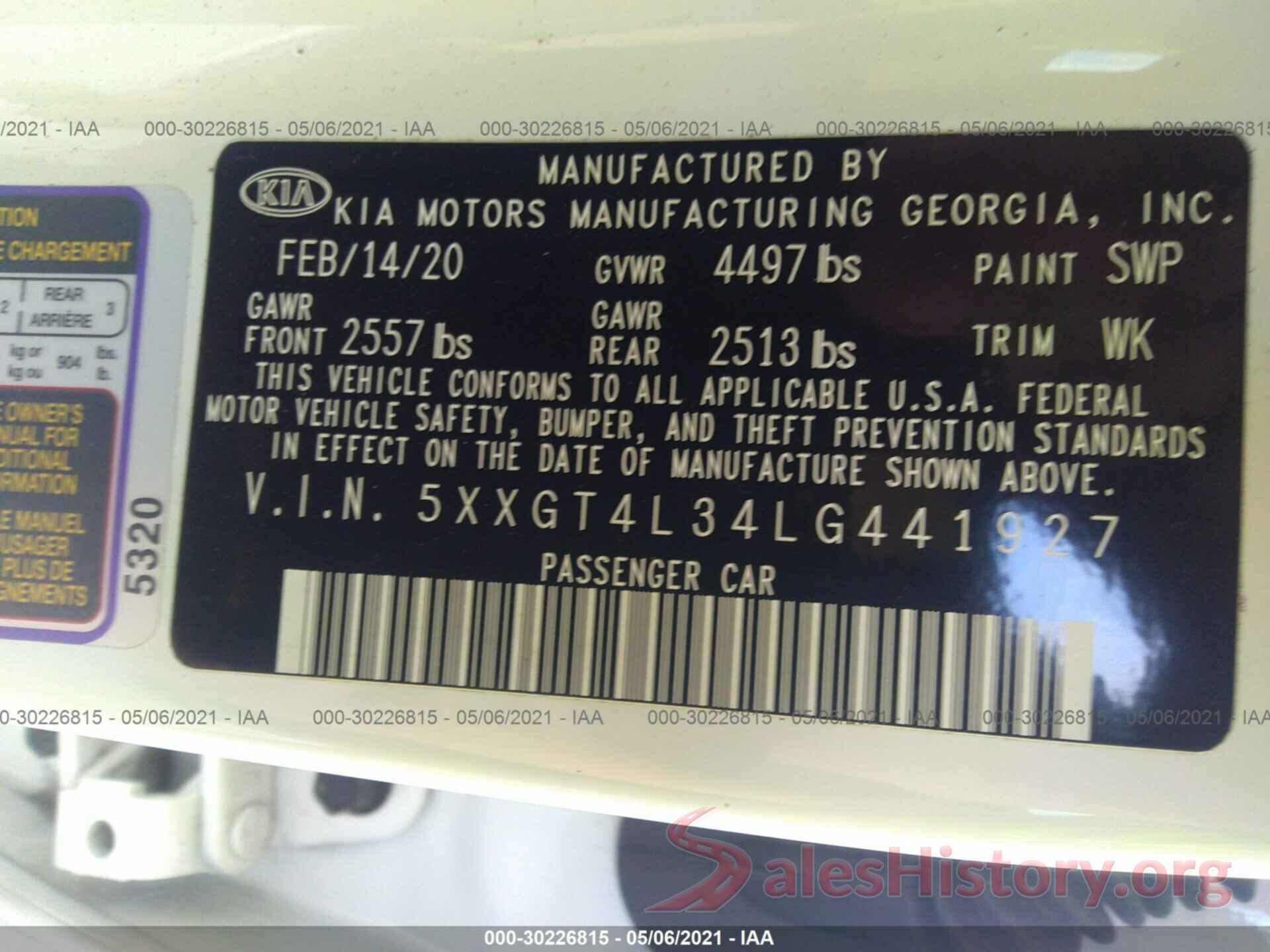 5XXGT4L34LG441927 2020 KIA OPTIMA