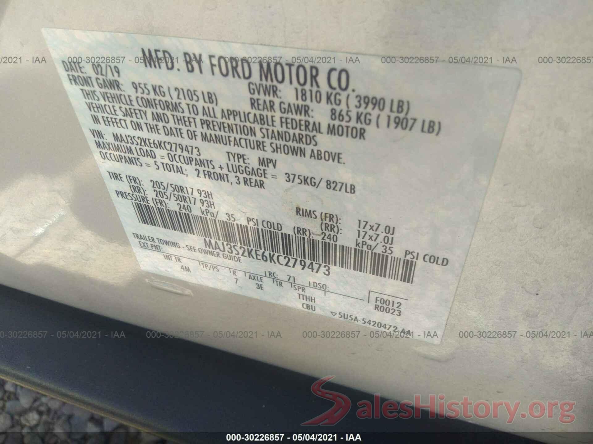 MAJ3S2KE6KC279473 2019 FORD ECOSPORT