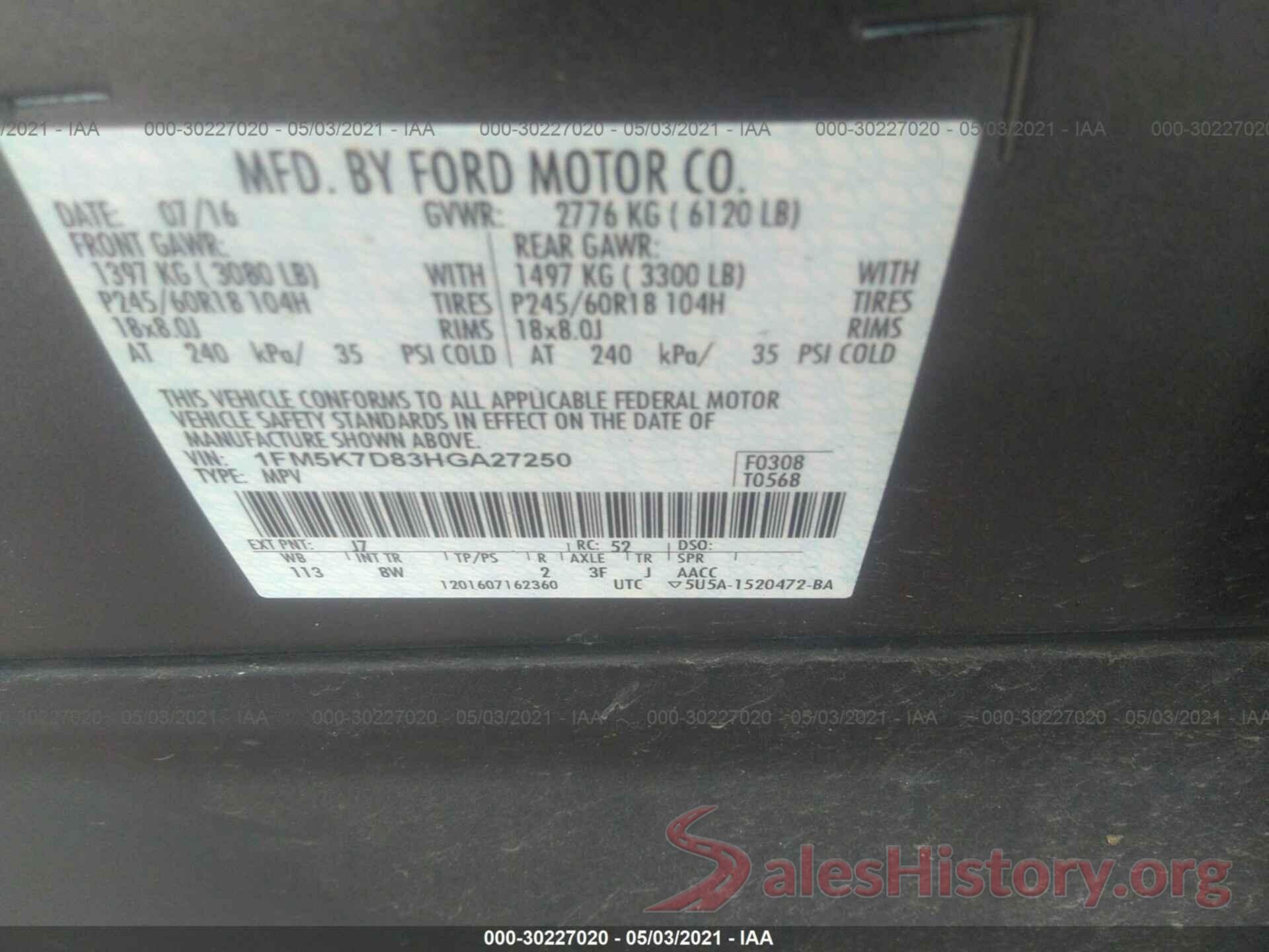 1FM5K7D83HGA27250 2017 FORD EXPLORER