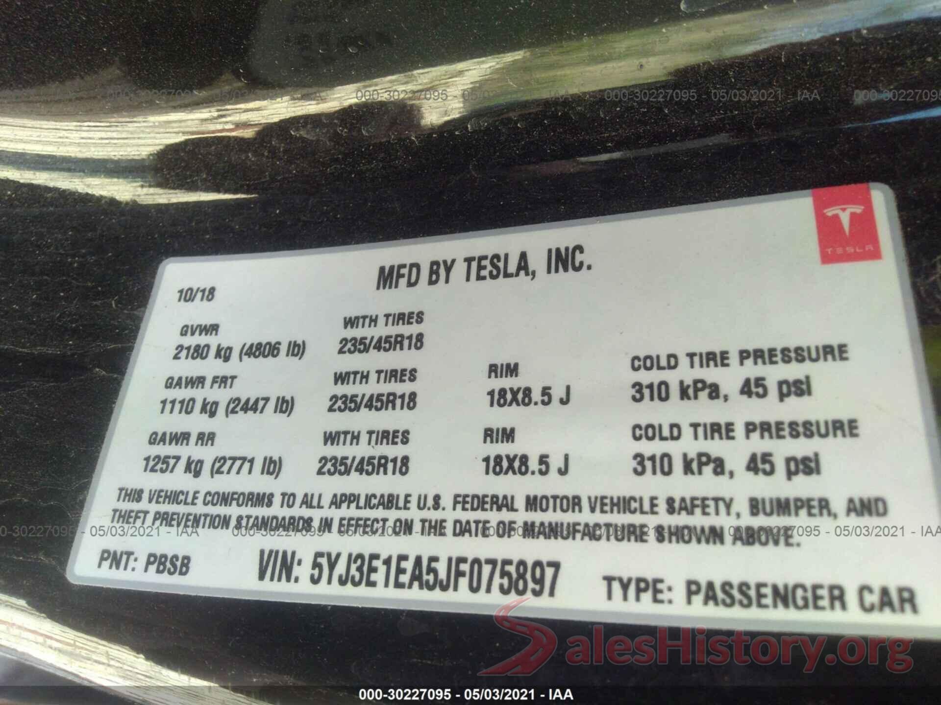 5YJ3E1EA5JF075897 2018 TESLA MODEL 3