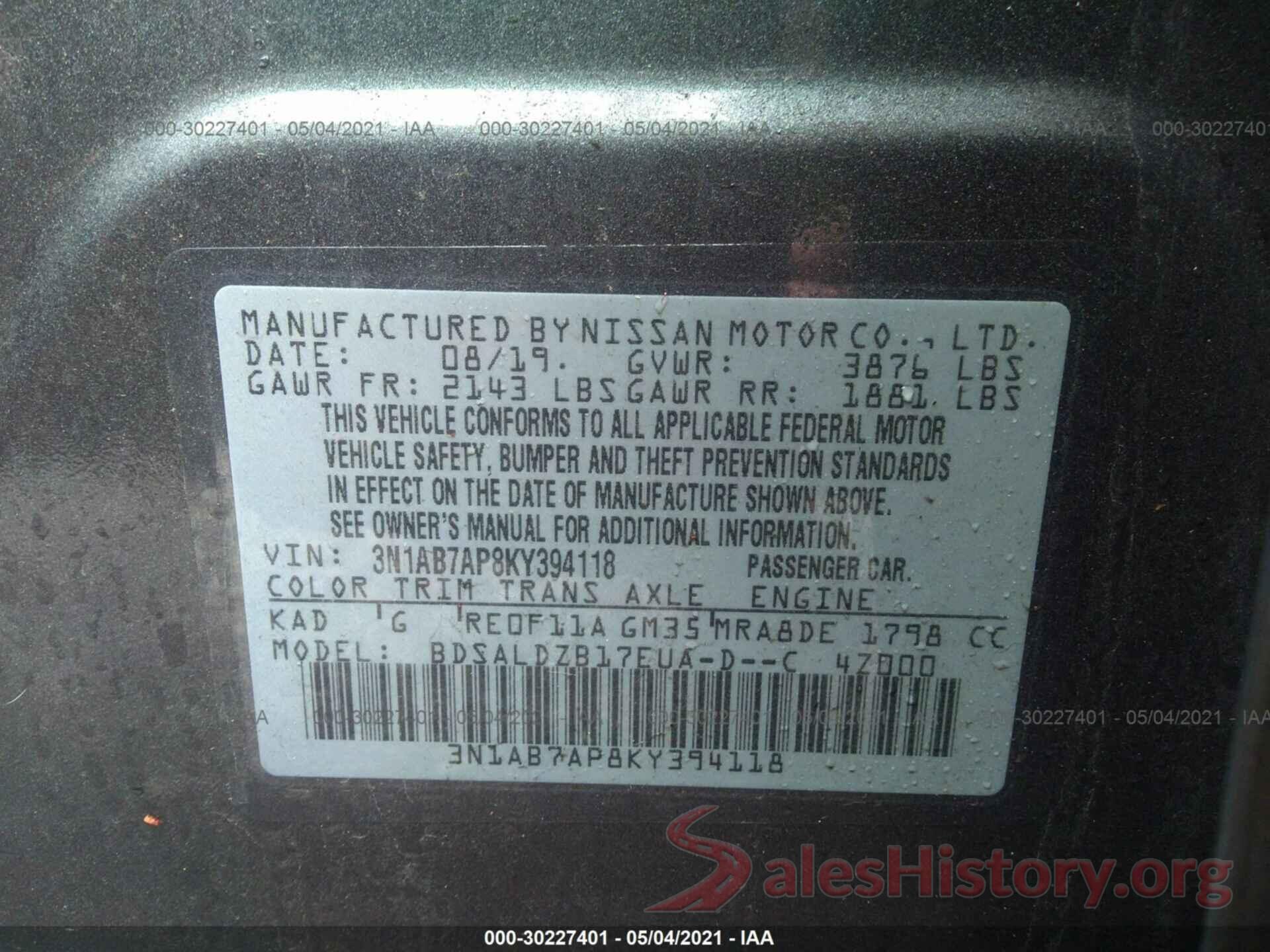 3N1AB7AP8KY394118 2019 NISSAN SENTRA