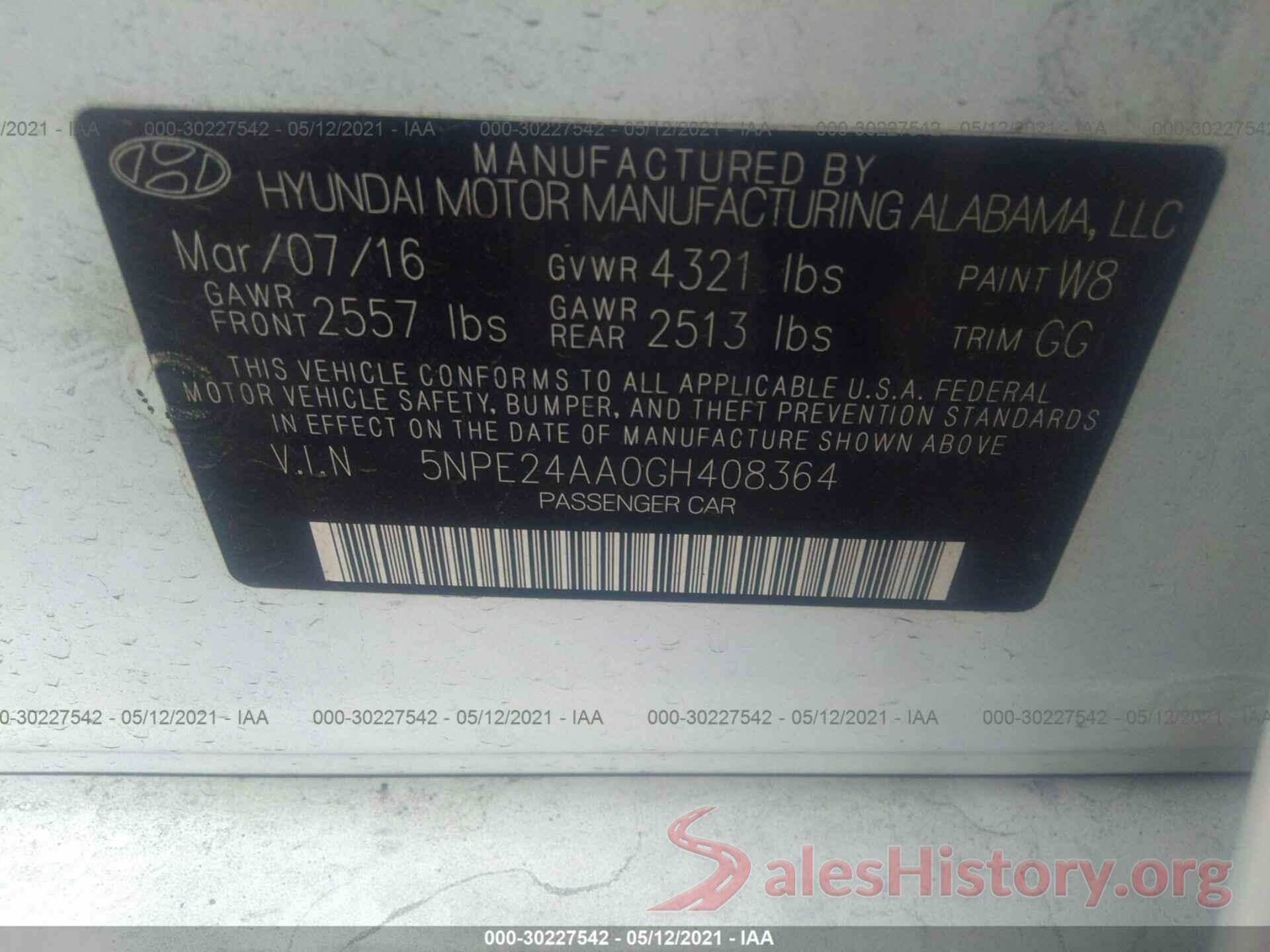 5NPE24AA0GH408364 2016 HYUNDAI SONATA