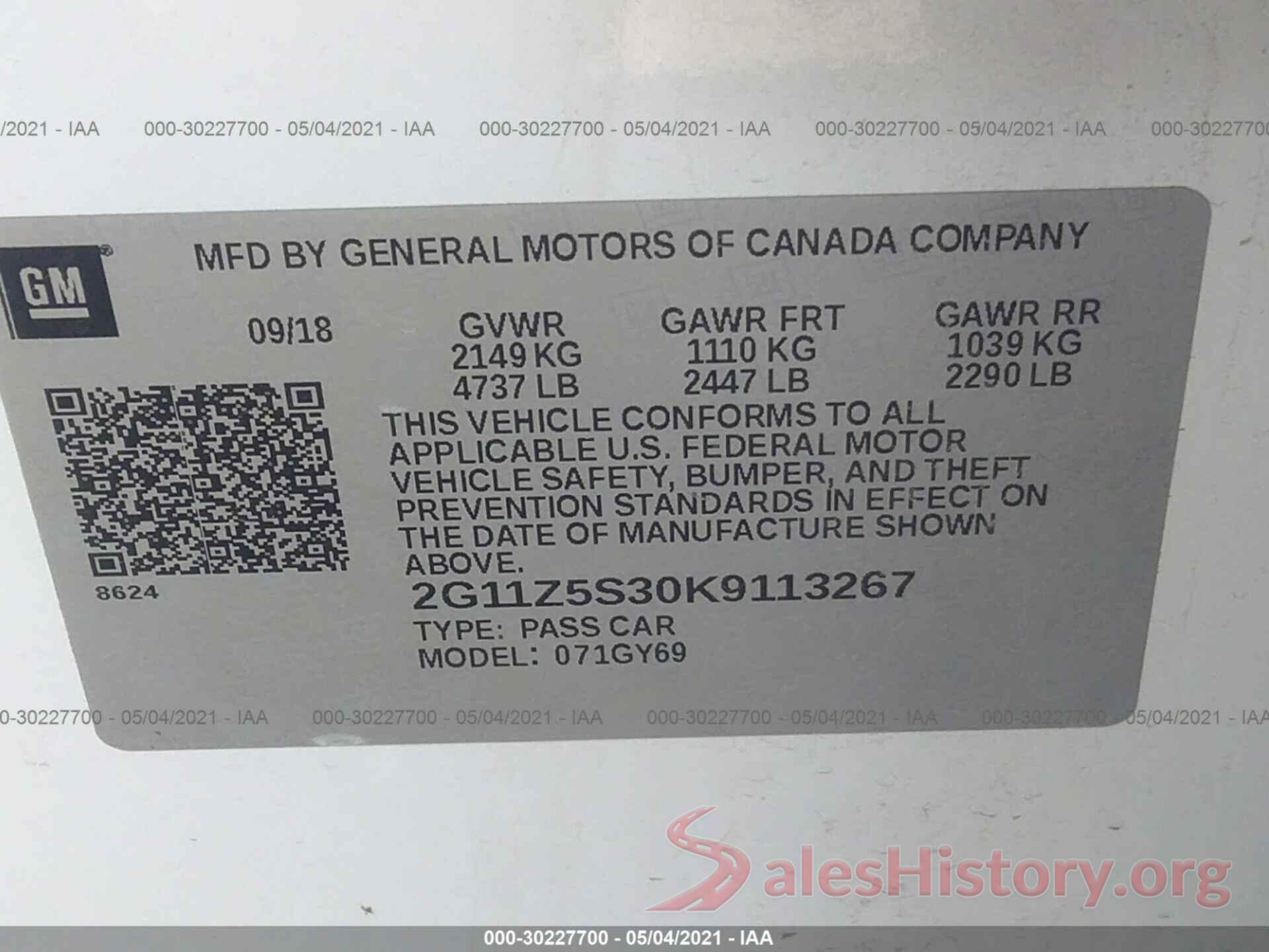 2G11Z5S30K9113267 2019 CHEVROLET IMPALA