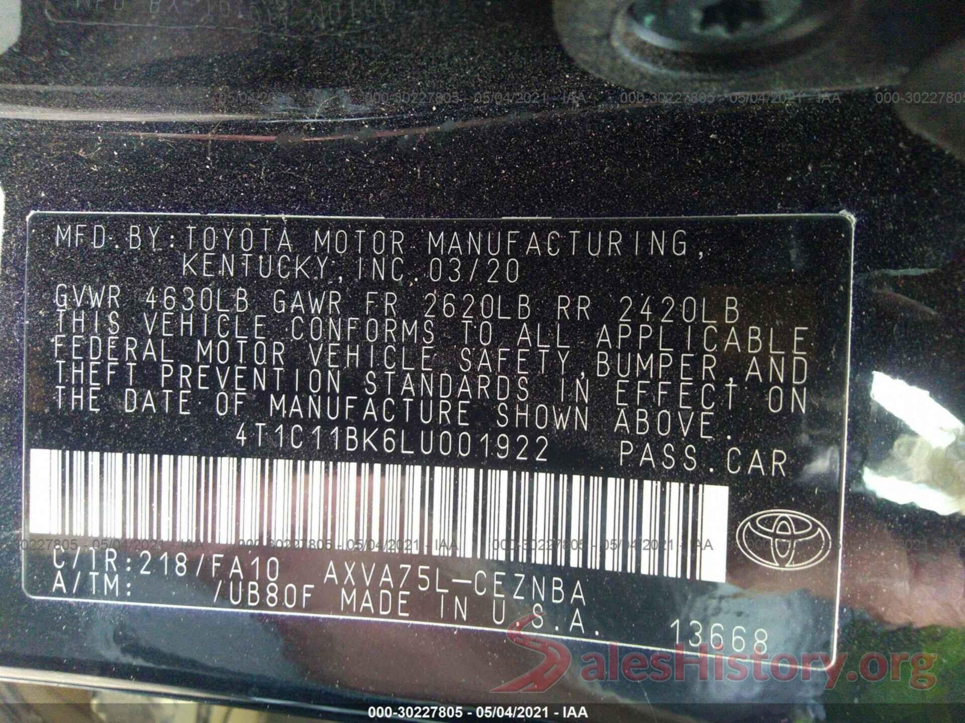 4T1C11BK6LU001922 2020 TOYOTA CAMRY