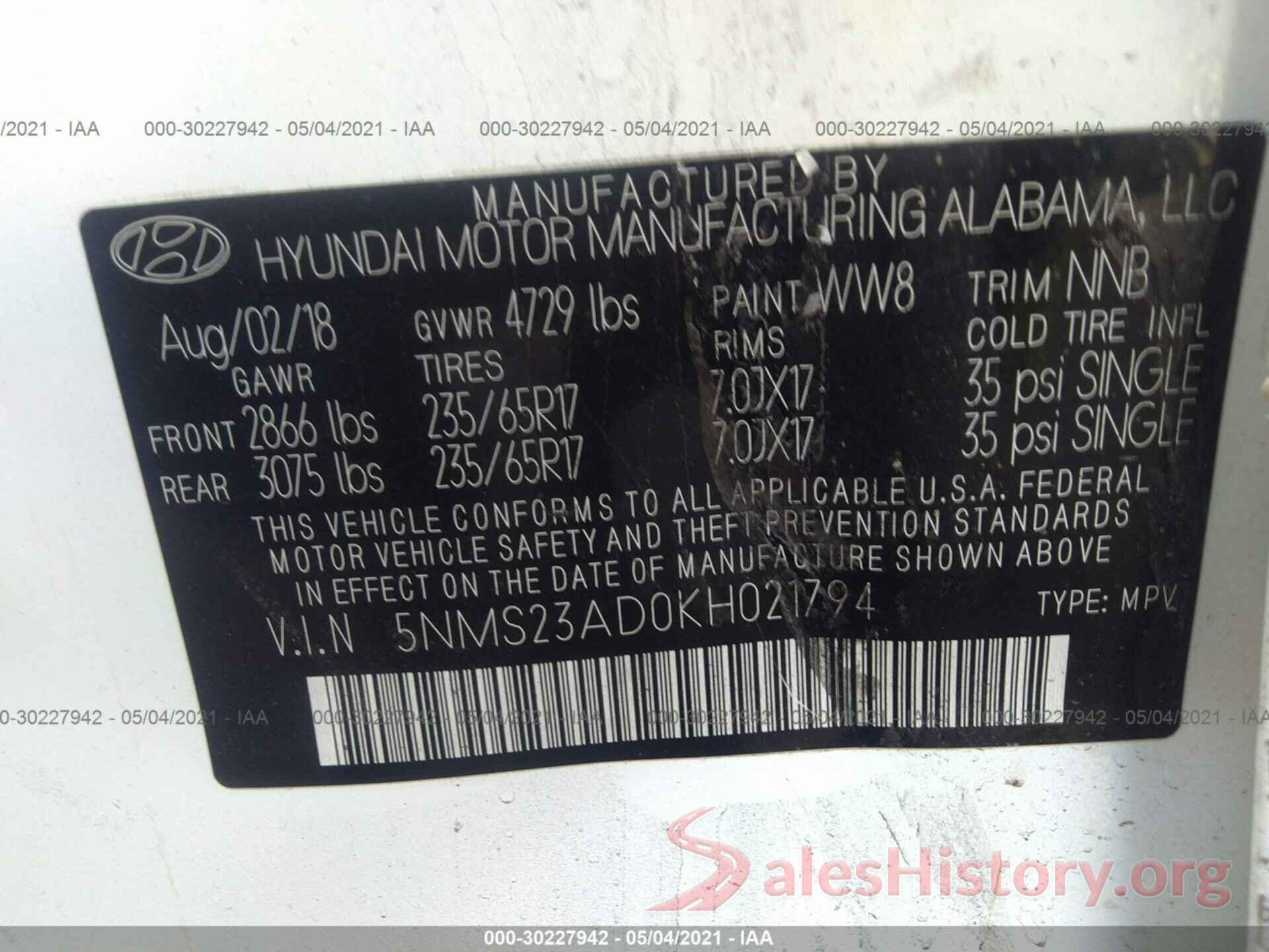 5NMS23AD0KH021794 2019 HYUNDAI SANTA FE