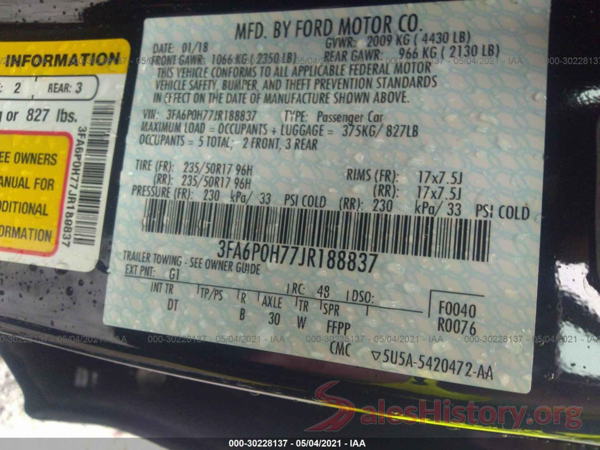 3FA6P0H77JR188837 2018 FORD FUSION