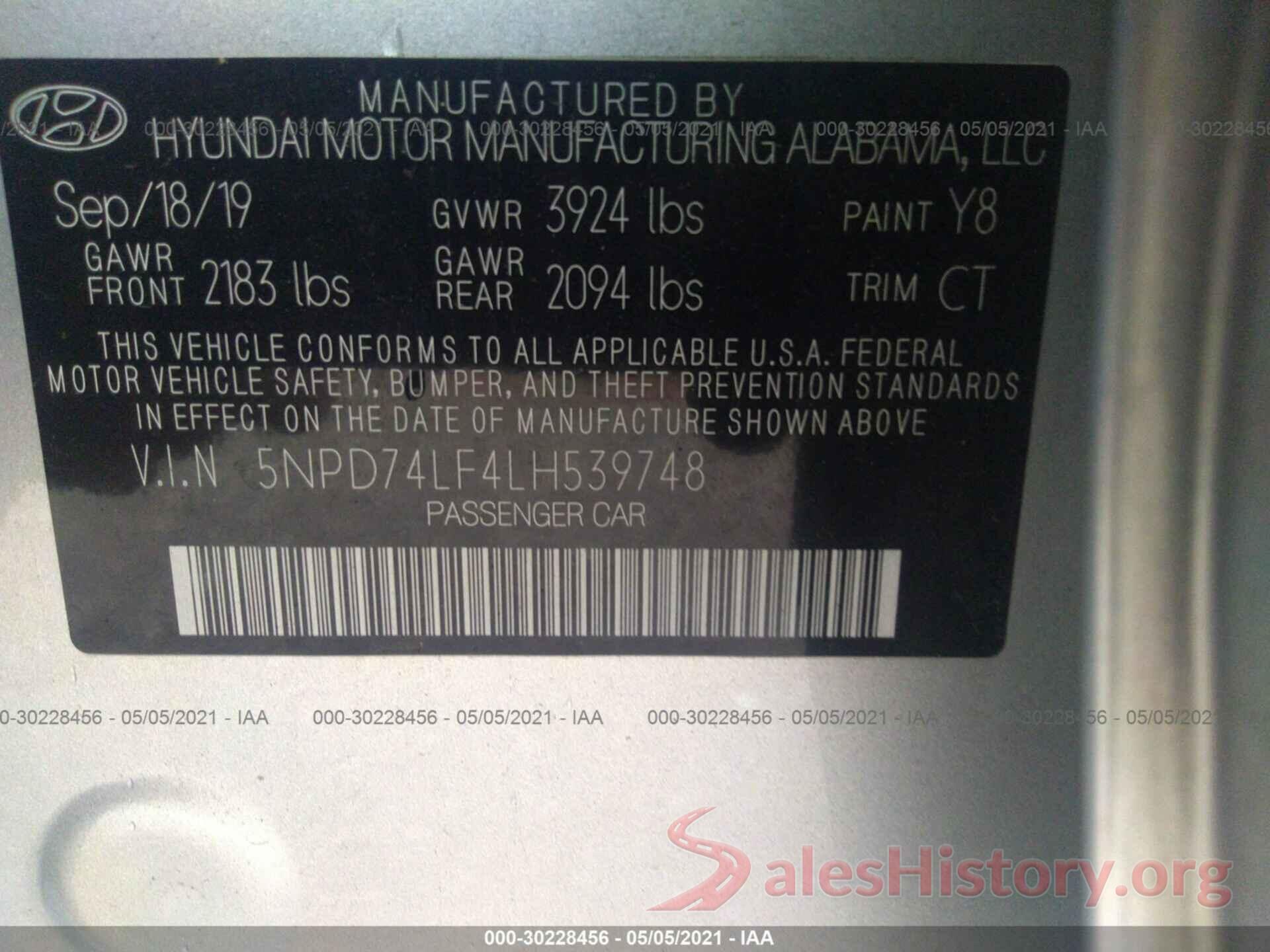 5NPD74LF4LH539748 2020 HYUNDAI ELANTRA