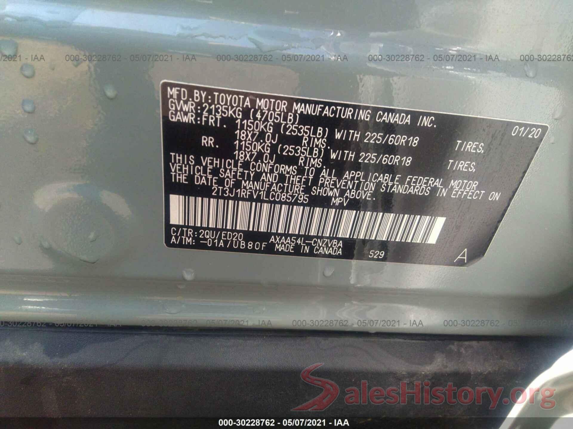 2T3J1RFV1LC085795 2020 TOYOTA RAV4