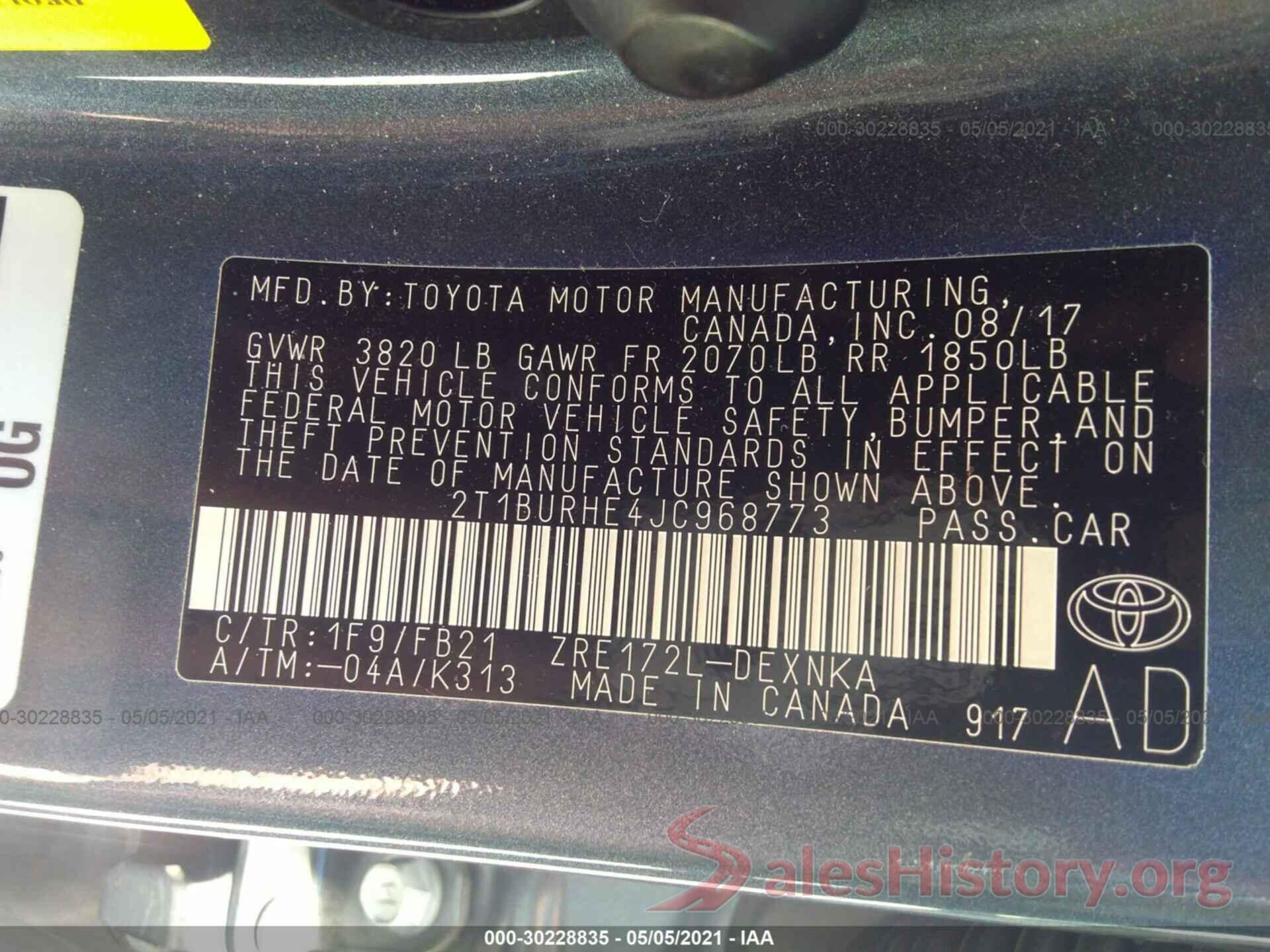 2T1BURHE4JC968773 2018 TOYOTA COROLLA