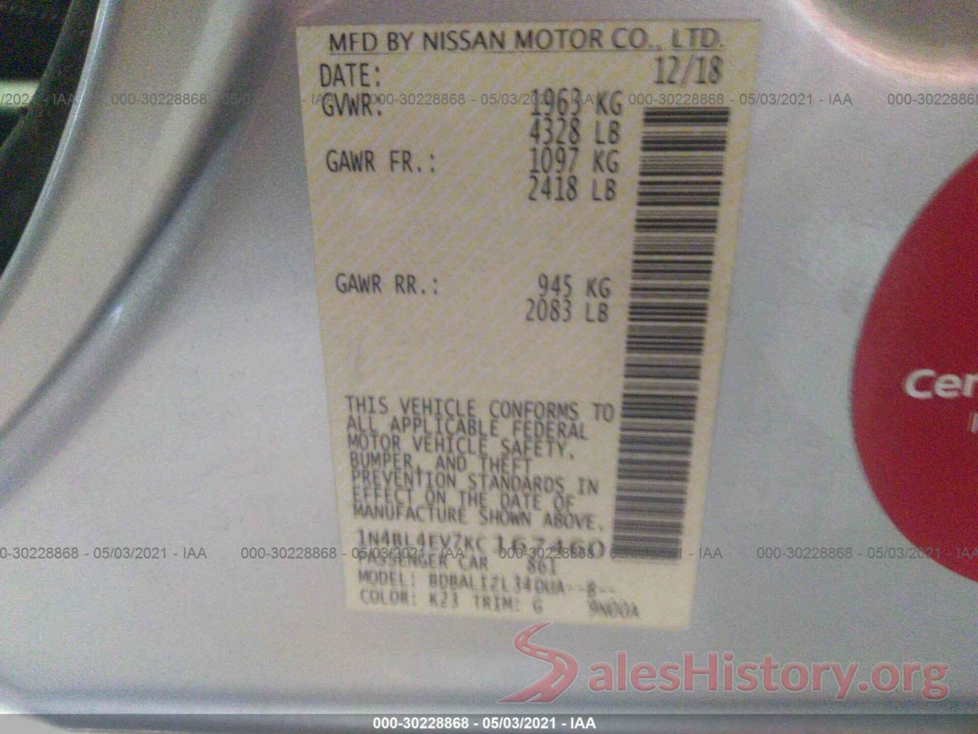 1N4BL4EV7KC167460 2019 NISSAN ALTIMA