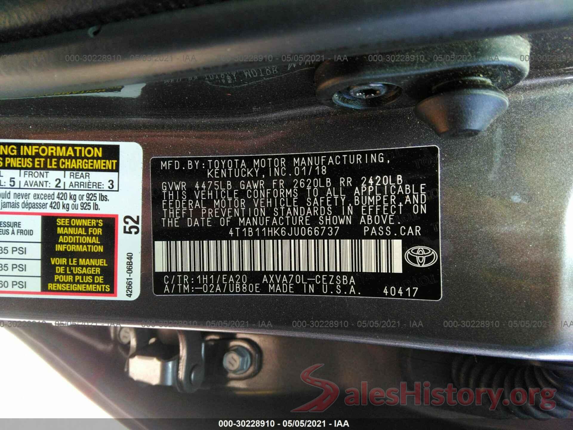 4T1B11HK6JU066737 2018 TOYOTA CAMRY