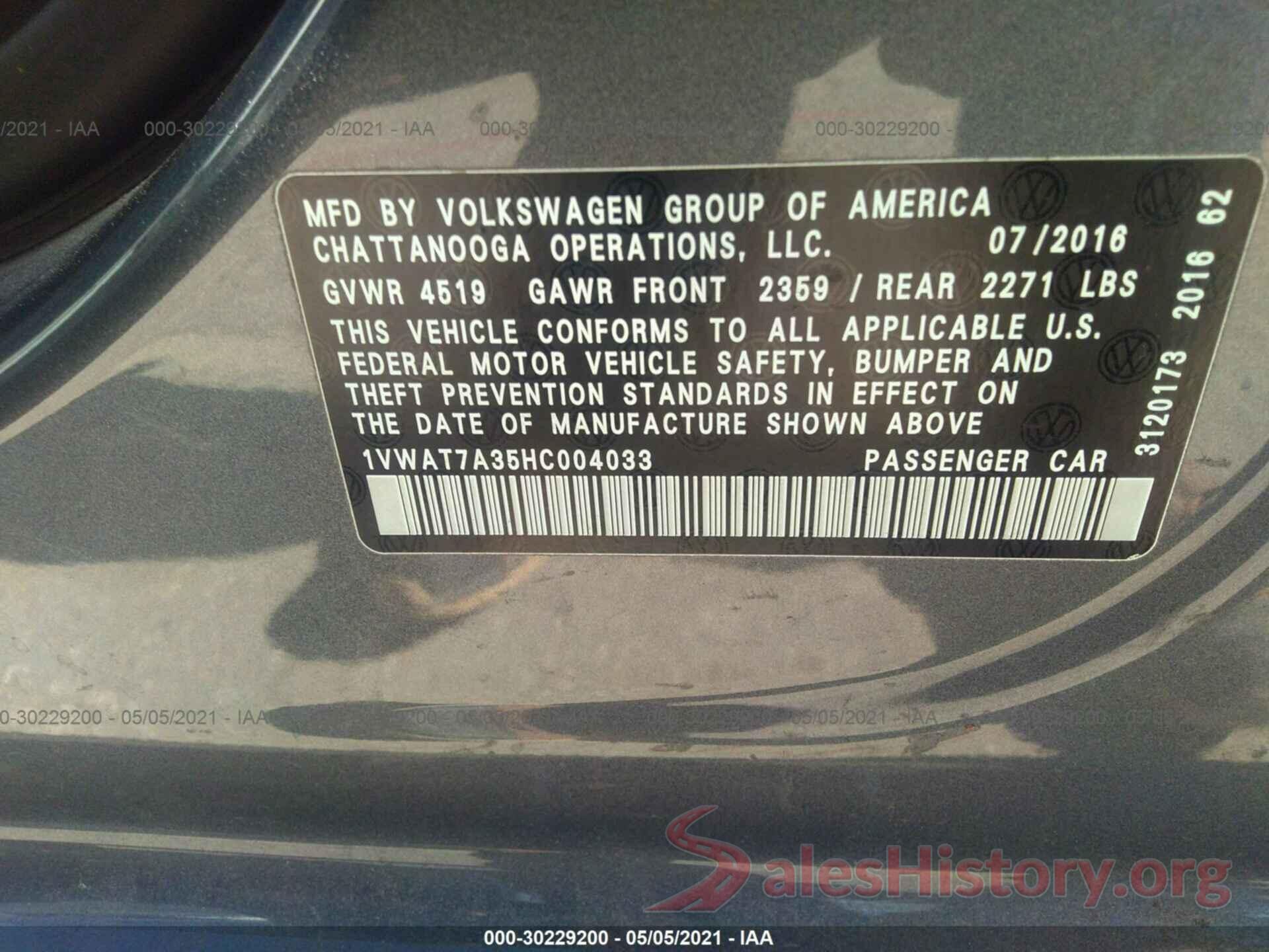 1VWAT7A35HC004033 2017 VOLKSWAGEN PASSAT