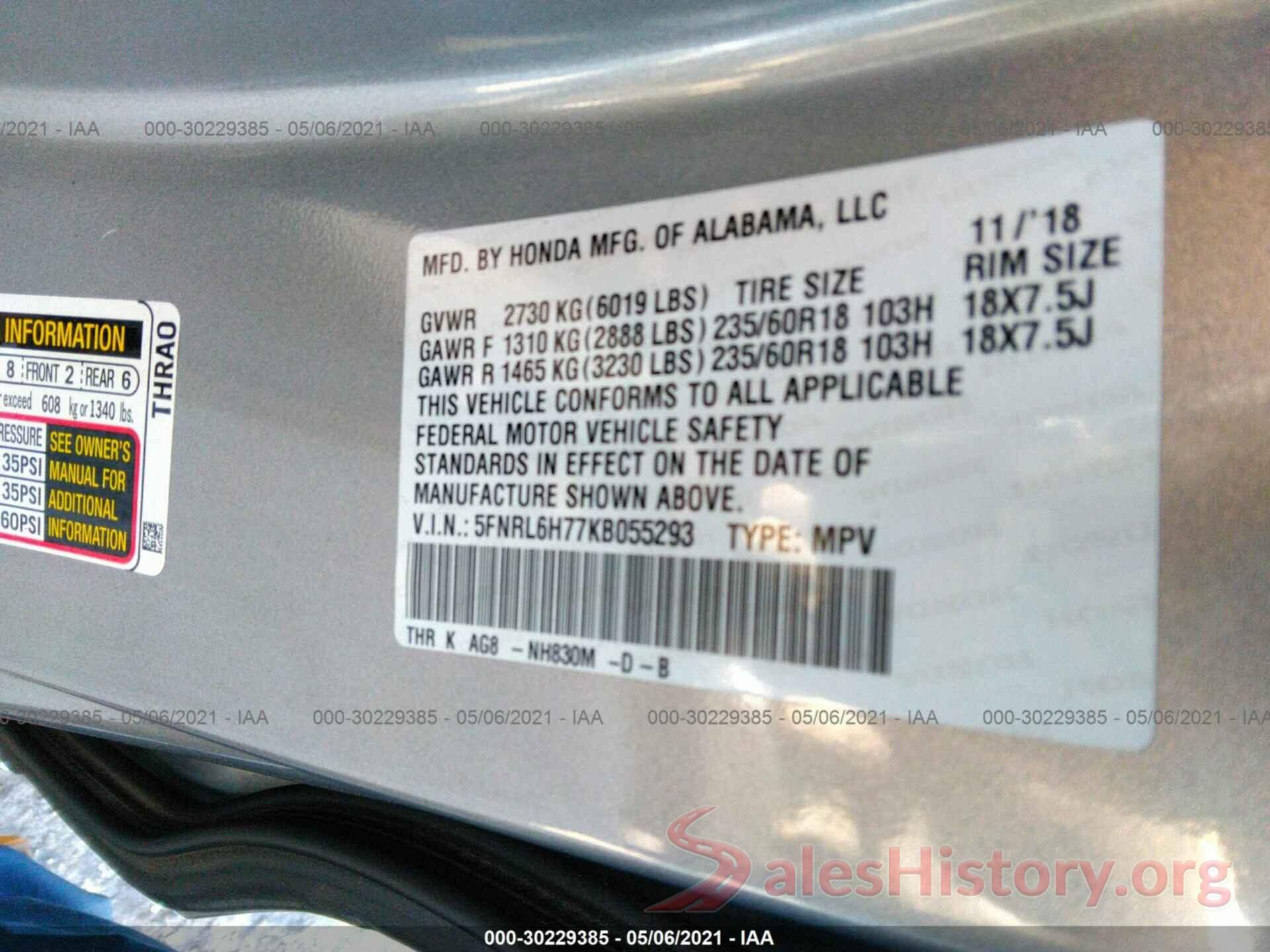 5FNRL6H77KB055293 2019 HONDA ODYSSEY