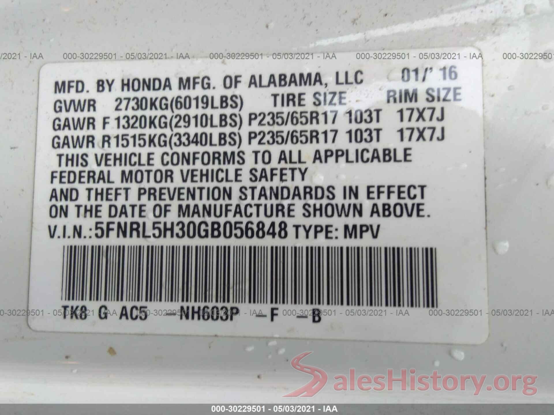 5FNRL5H30GB056848 2016 HONDA ODYSSEY