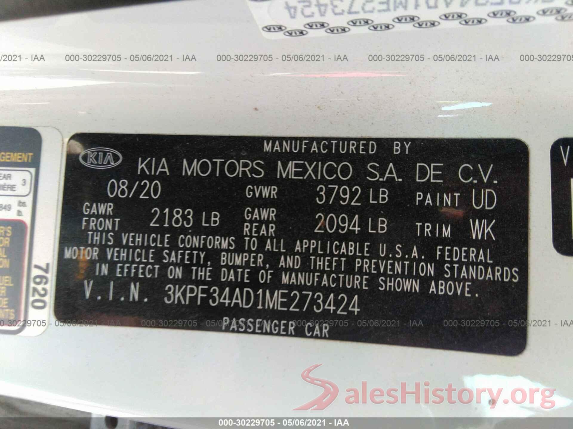 3KPF34AD1ME273424 2021 KIA FORTE