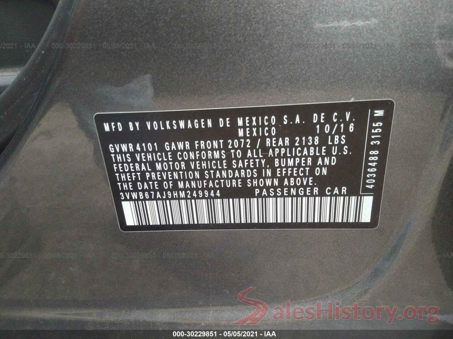 3VWB67AJ9HM249944 2017 VOLKSWAGEN JETTA