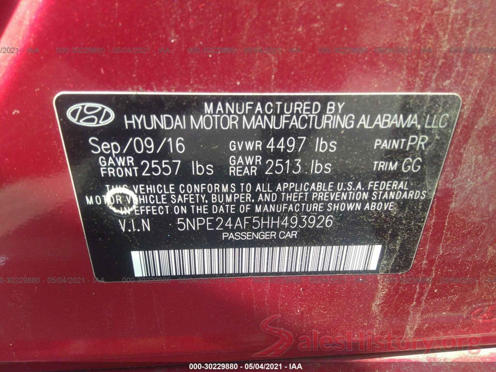 5NPE24AF5HH493926 2017 HYUNDAI SONATA