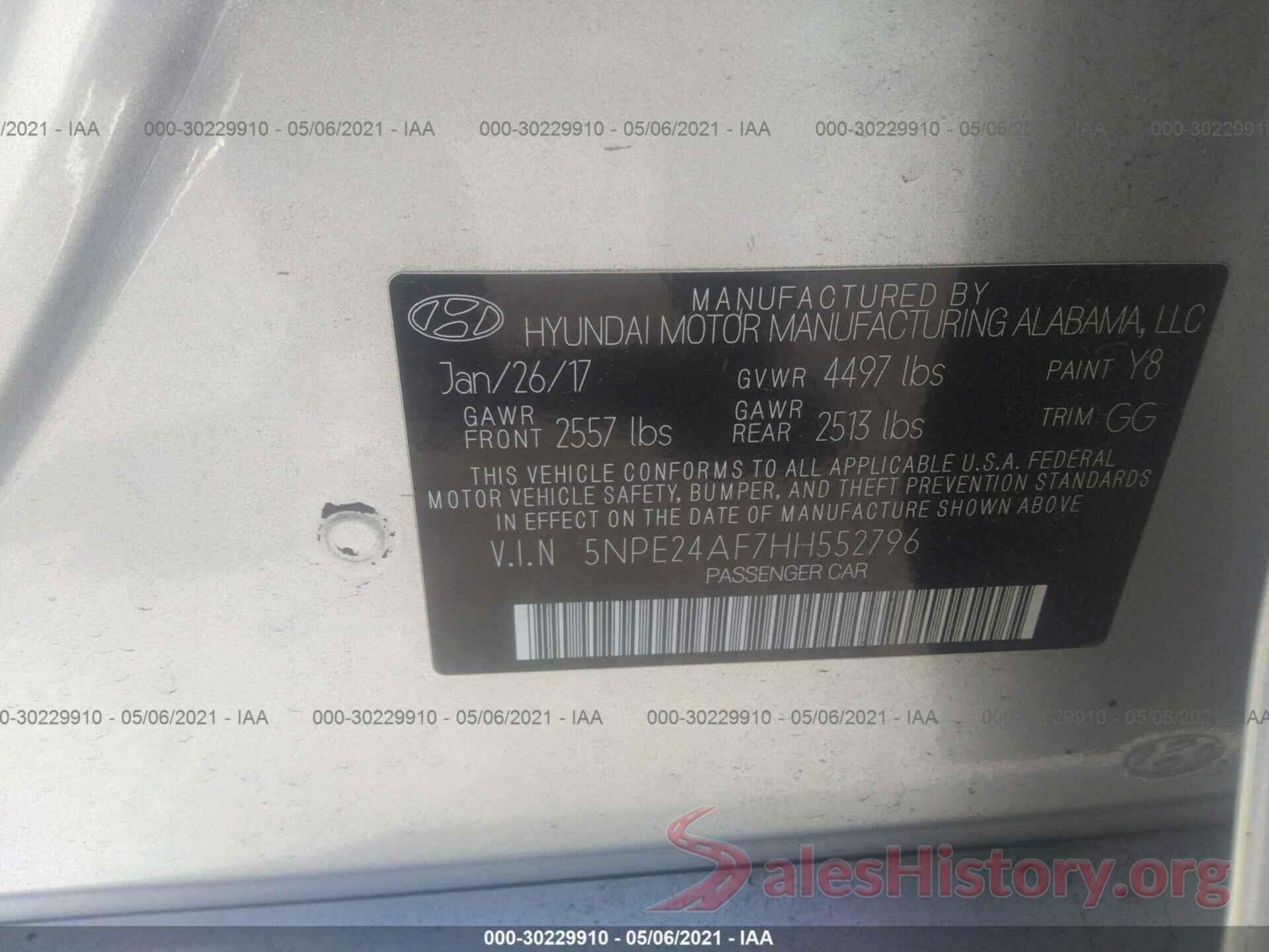 5NPE24AF7HH552796 2017 HYUNDAI SONATA