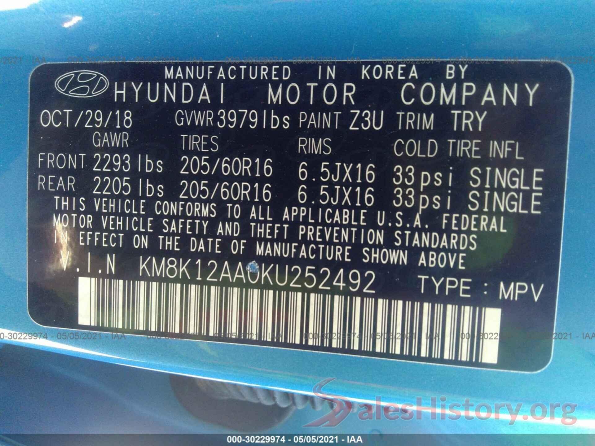 KM8K12AA0KU252492 2019 HYUNDAI KONA