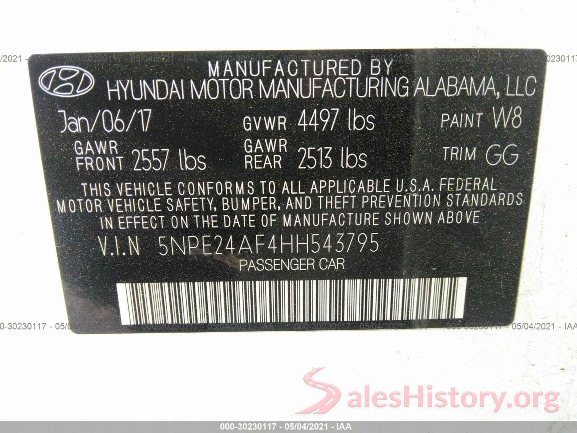 5NPE24AF4HH543795 2017 HYUNDAI SONATA