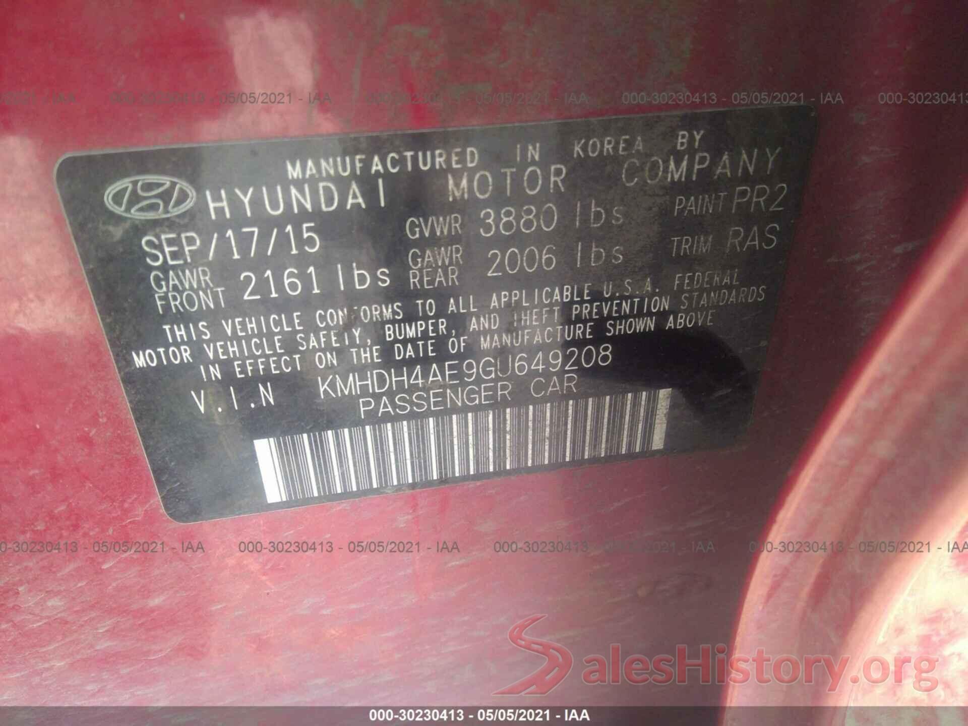 KMHDH4AE9GU649208 2016 HYUNDAI ELANTRA