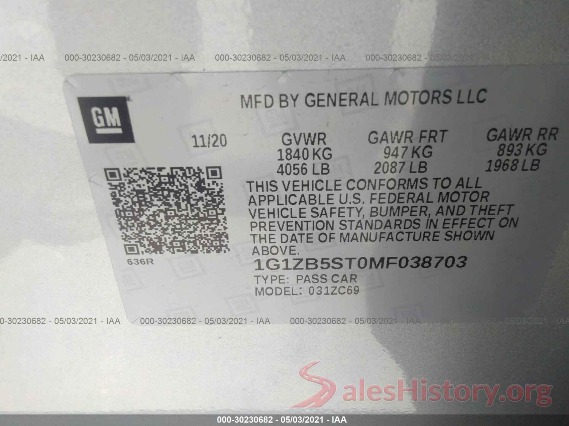 1G1ZB5ST0MF038703 2021 CHEVROLET MALIBU