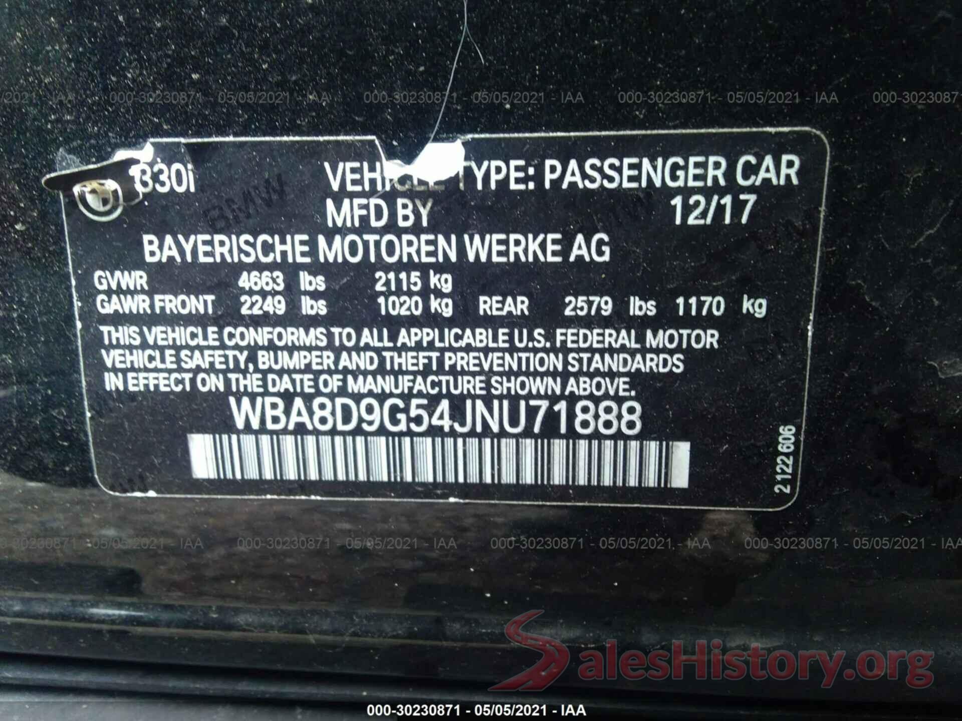 WBA8D9G54JNU71888 2018 BMW 3 SERIES