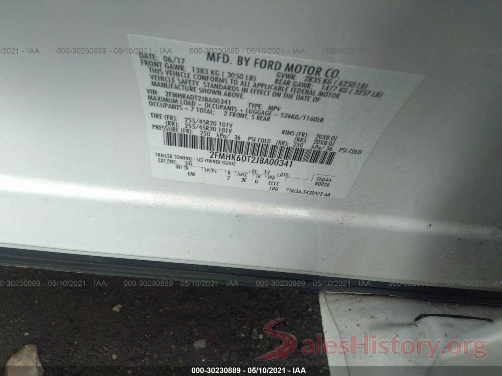 2FMHK6DT2JBA00341 2018 FORD FLEX