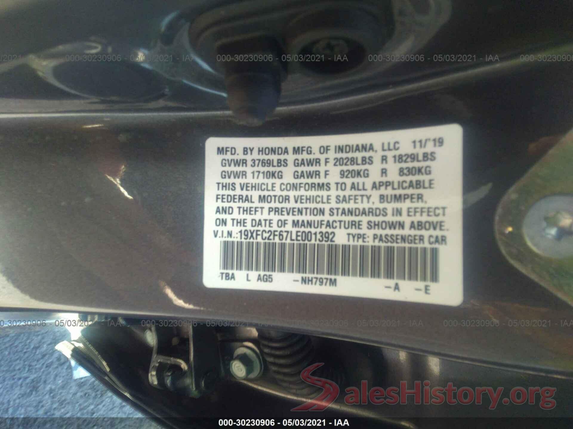 19XFC2F67LE001392 2020 HONDA CIVIC SEDAN