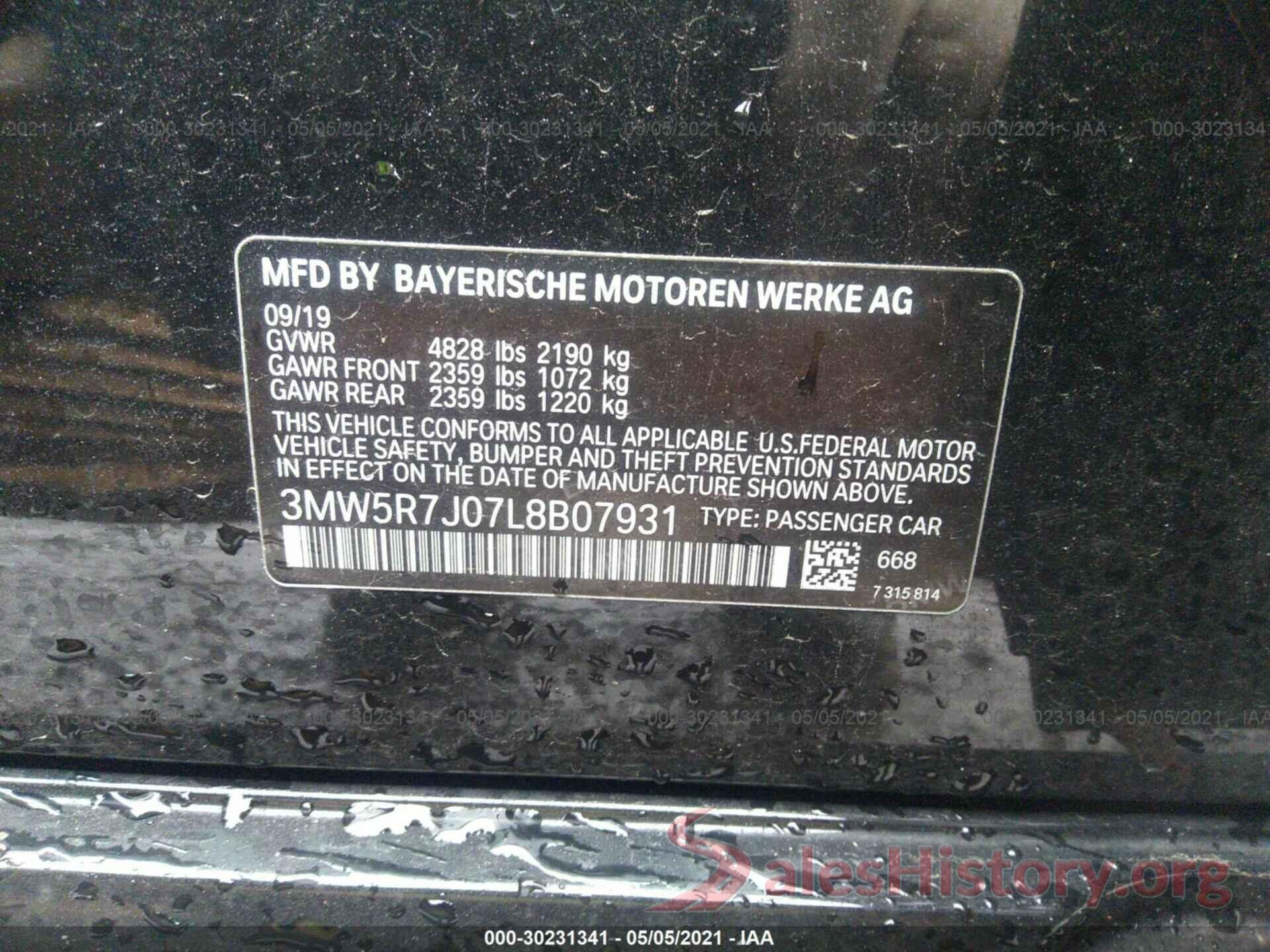 3MW5R7J07L8B07931 2020 BMW 3 SERIES