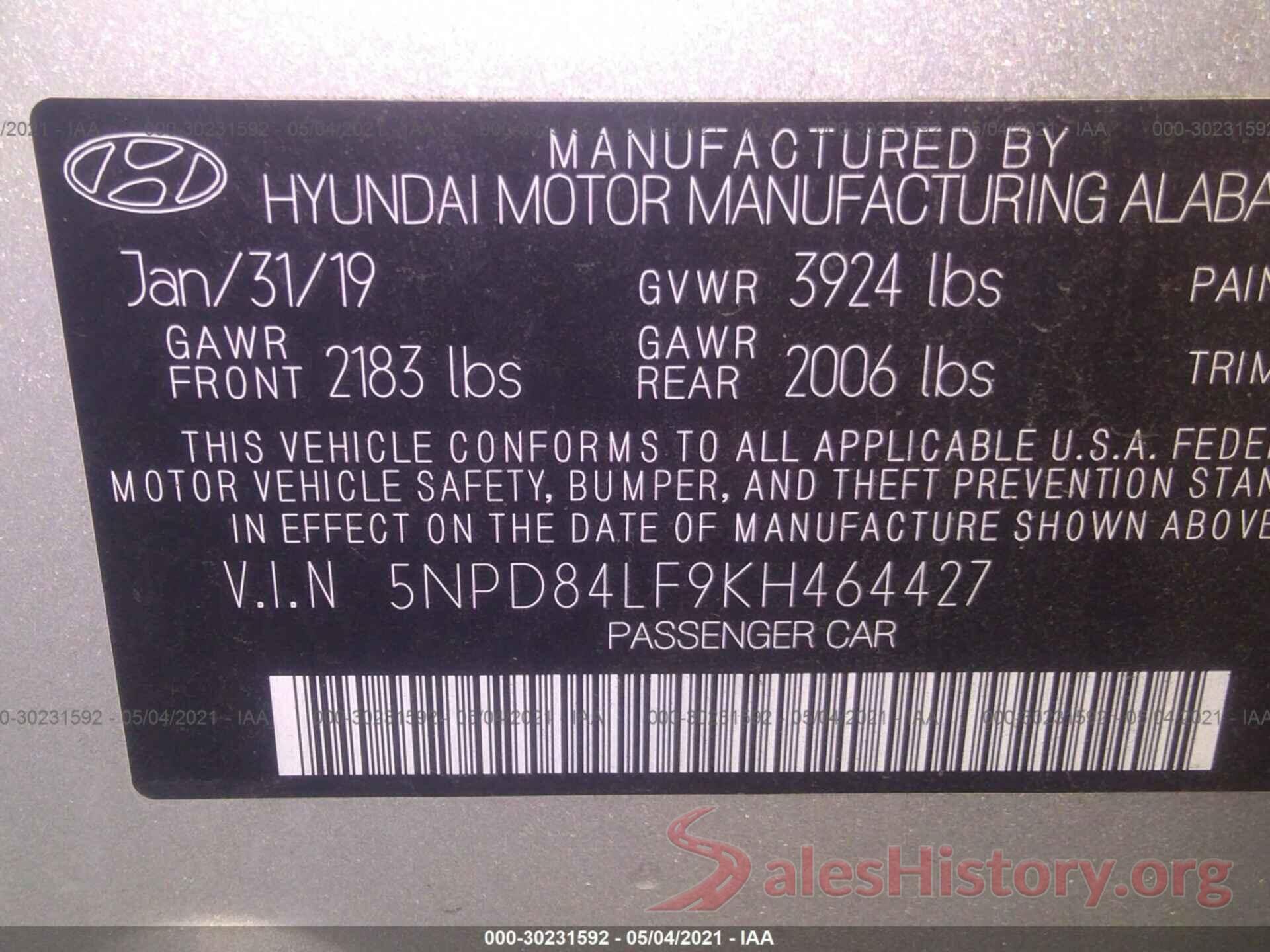 5NPD84LF9KH464427 2019 HYUNDAI ELANTRA