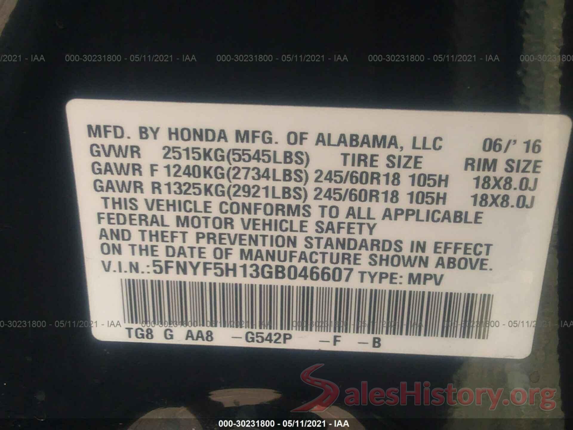 5FNYF5H13GB046607 2016 HONDA PILOT