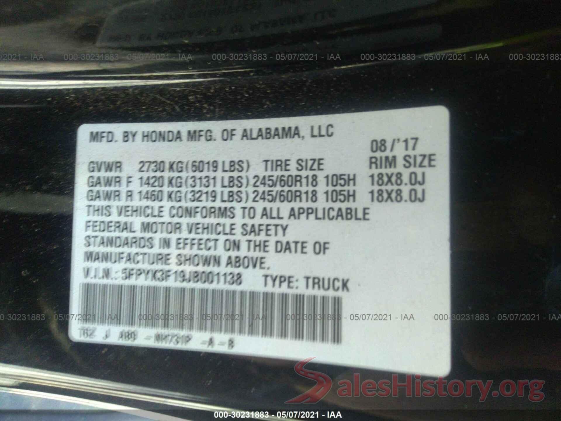 5FPYK3F19JB001138 2018 HONDA RIDGELINE