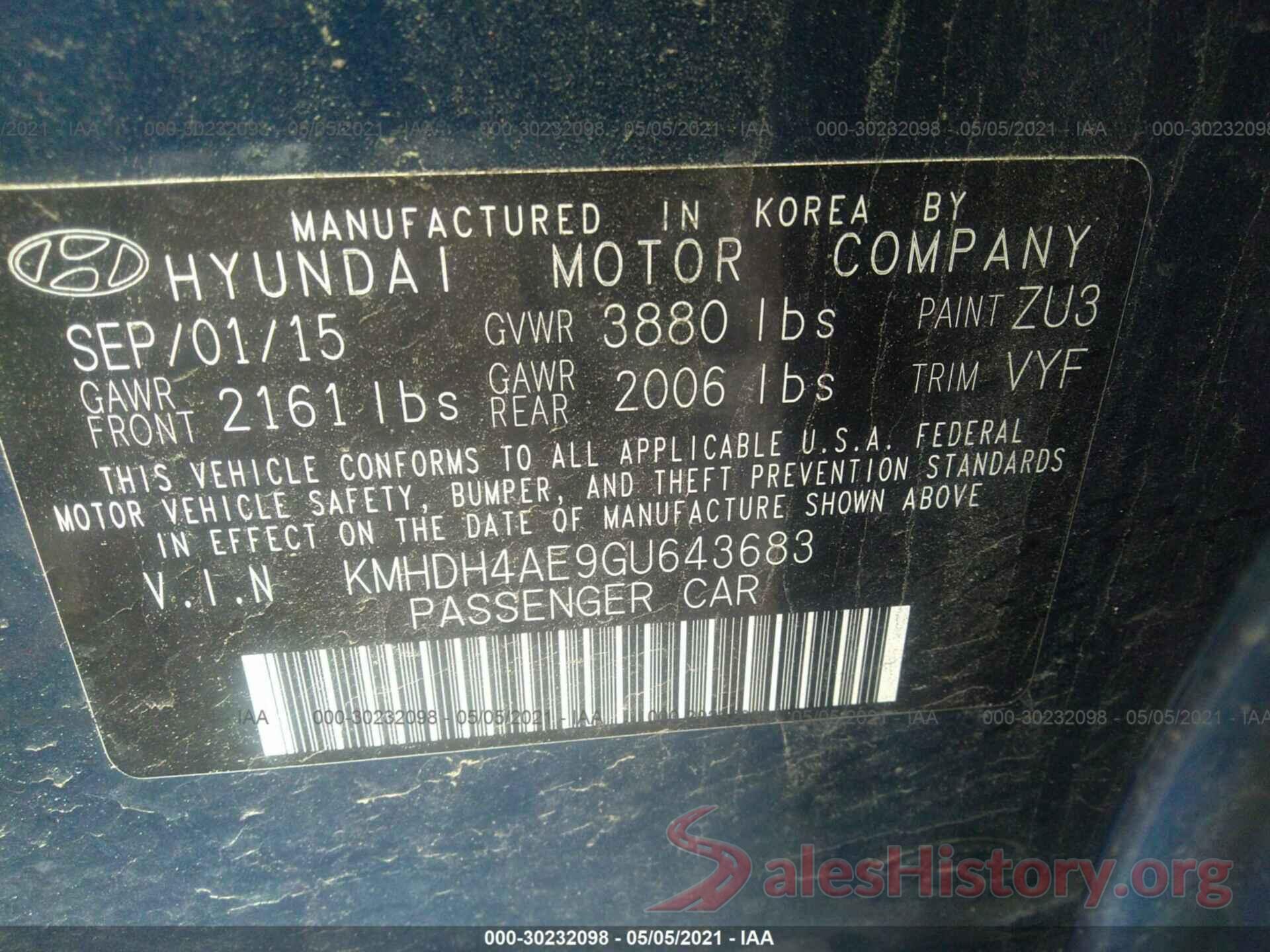 KMHDH4AE9GU643683 2016 HYUNDAI ELANTRA