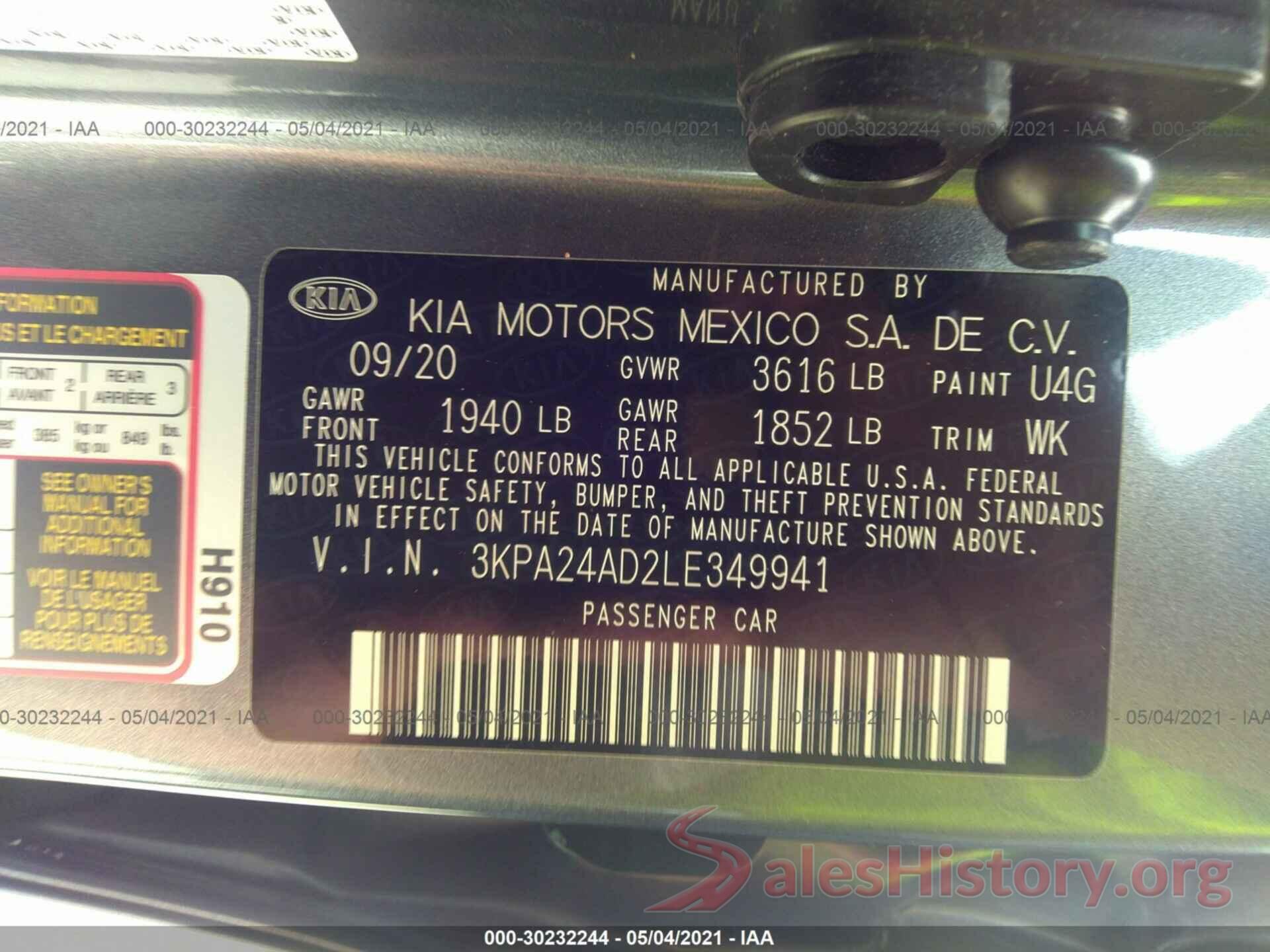 3KPA24AD2LE349941 2020 KIA RIO