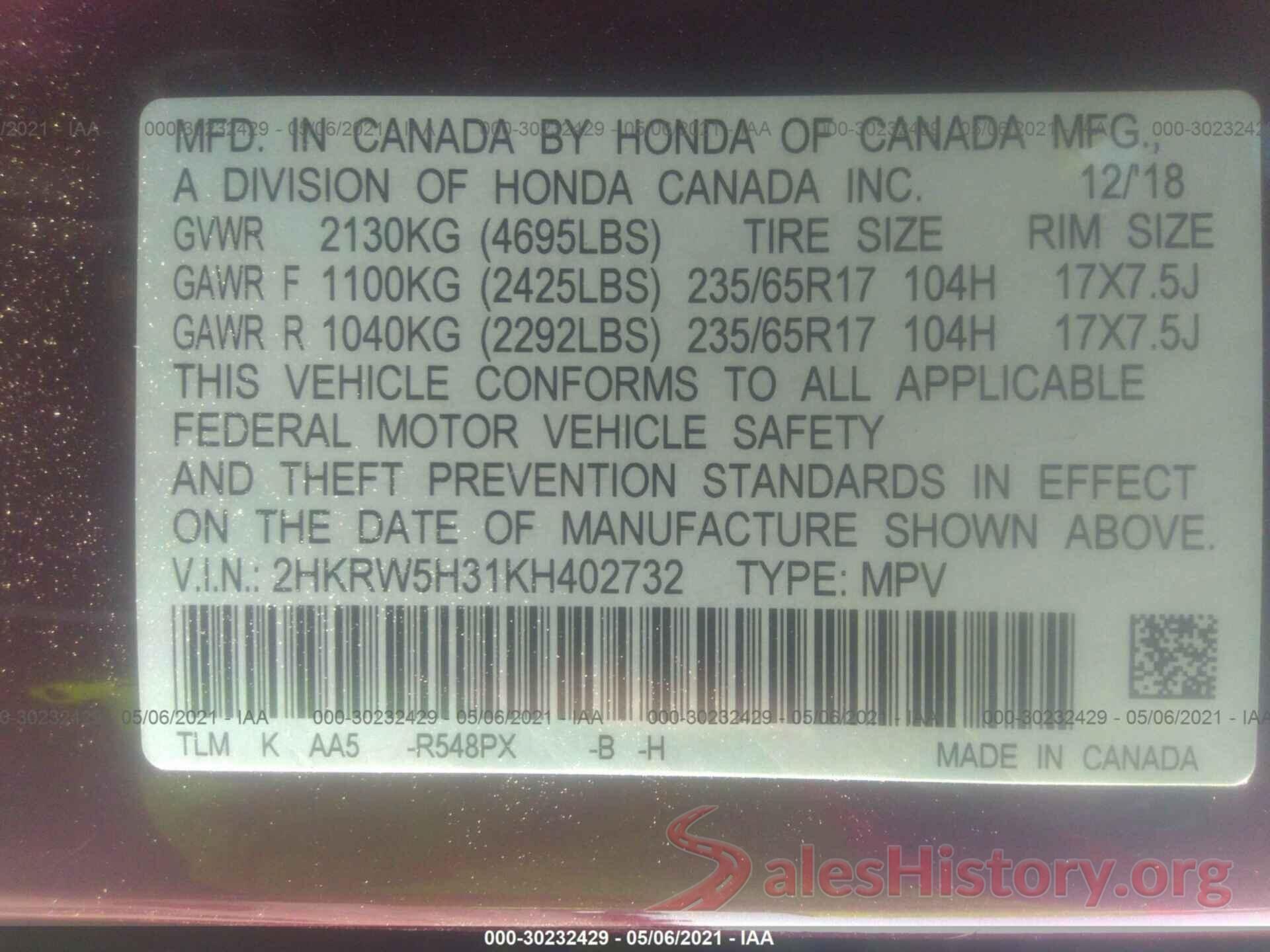 2HKRW5H31KH402732 2019 HONDA CR-V