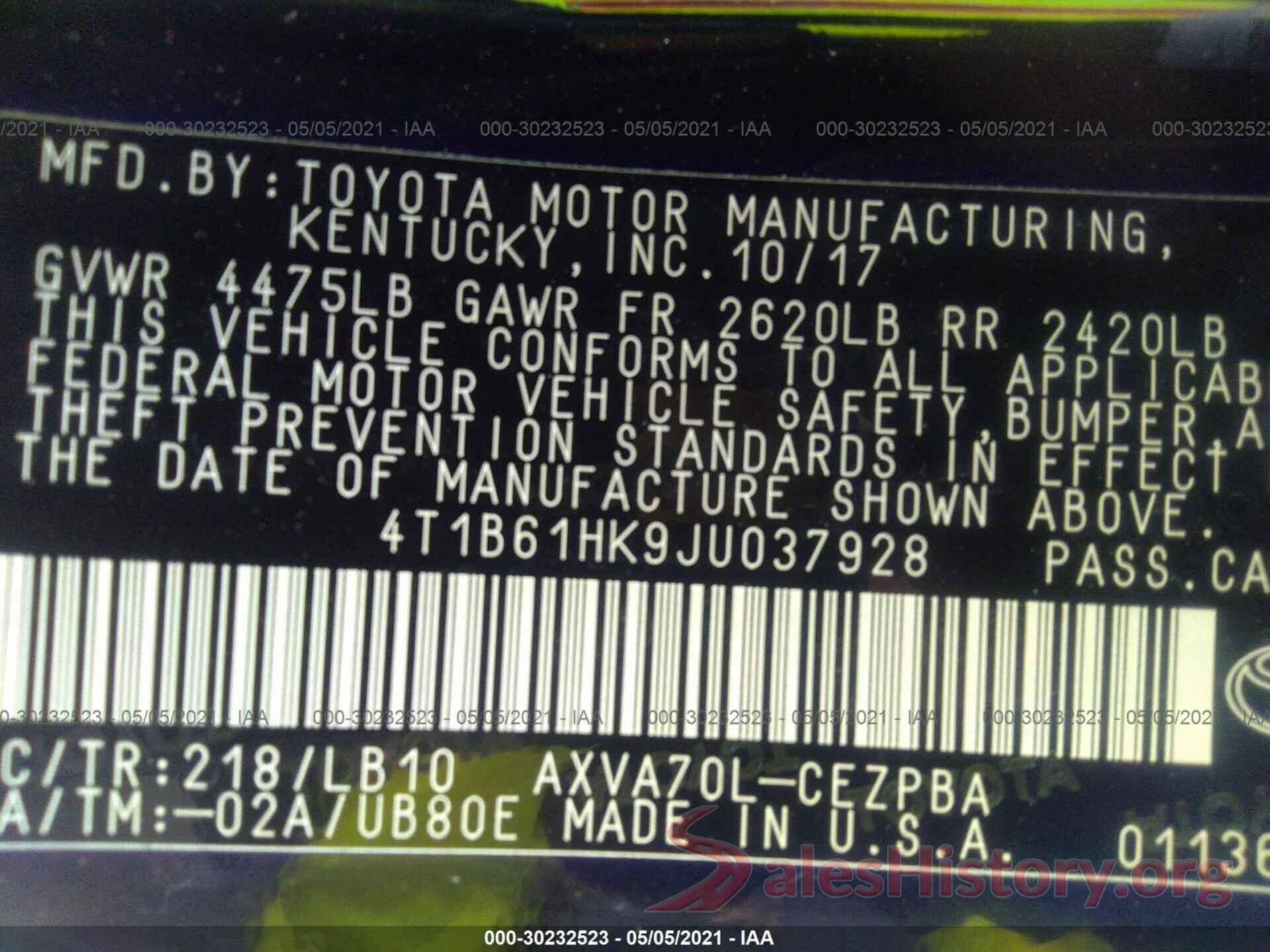 4T1B61HK9JU037928 2018 TOYOTA CAMRY