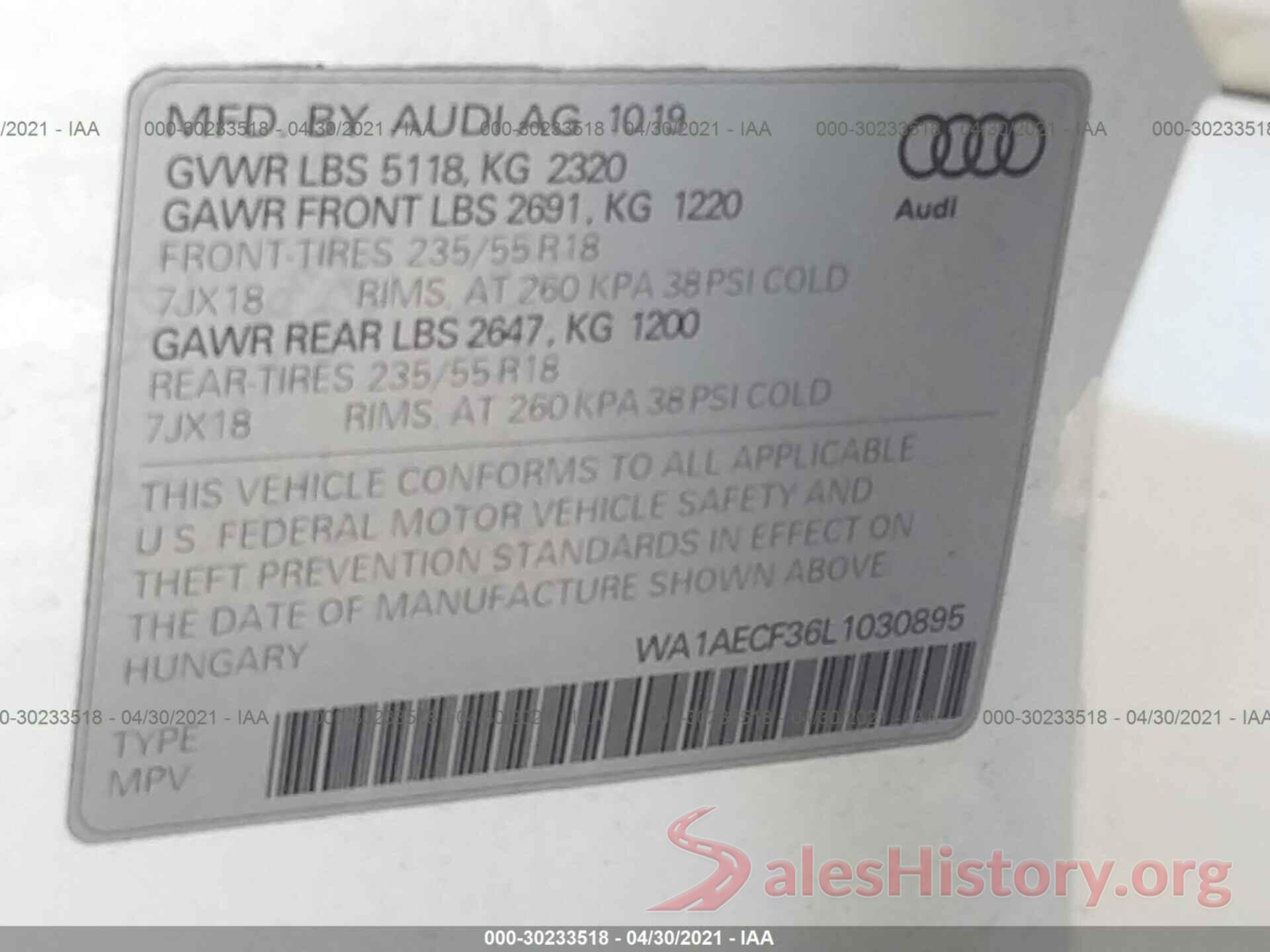 WA1AECF36L1030895 2020 AUDI Q3