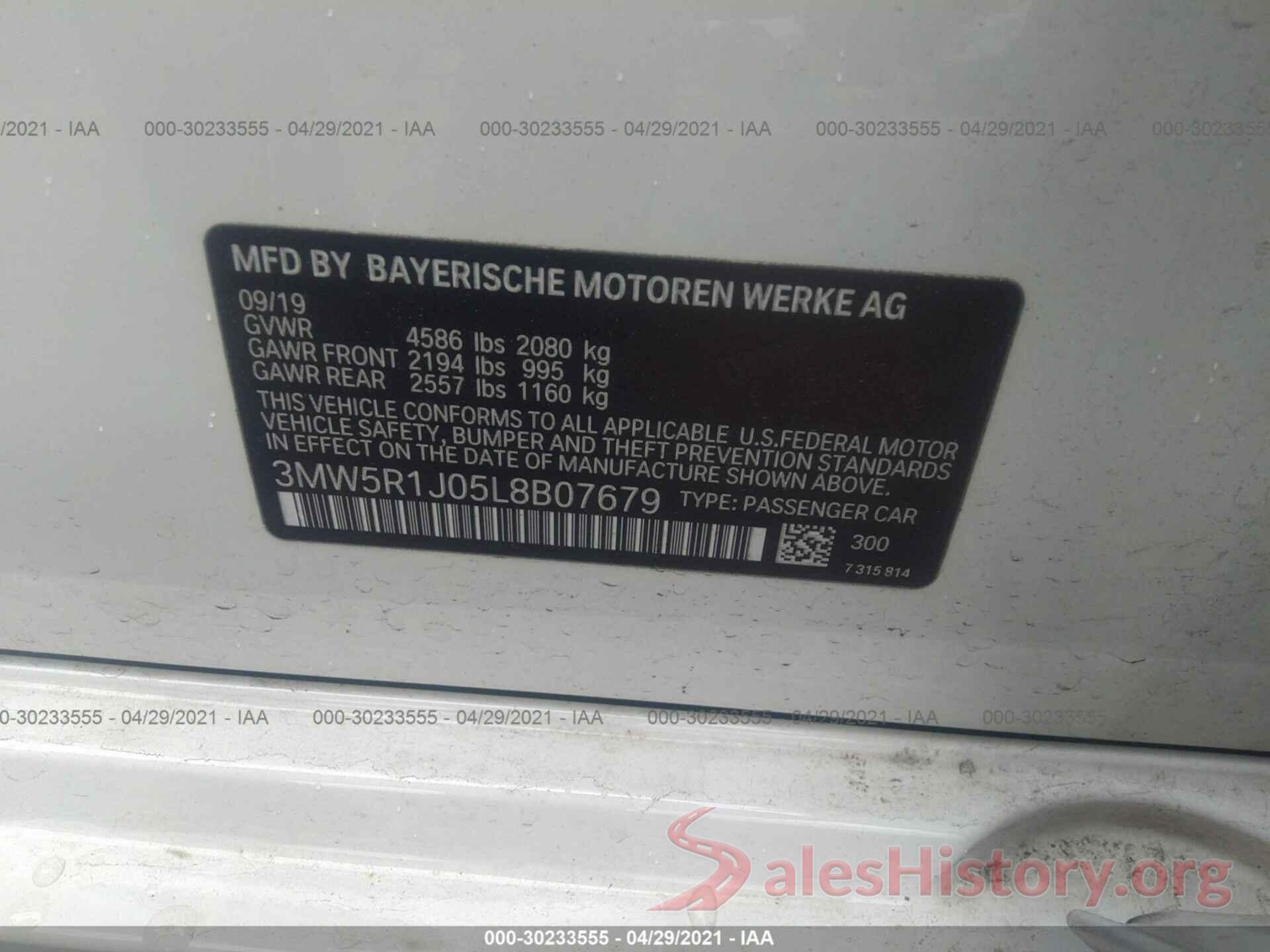 3MW5R1J05L8B07679 2020 BMW 3 SERIES