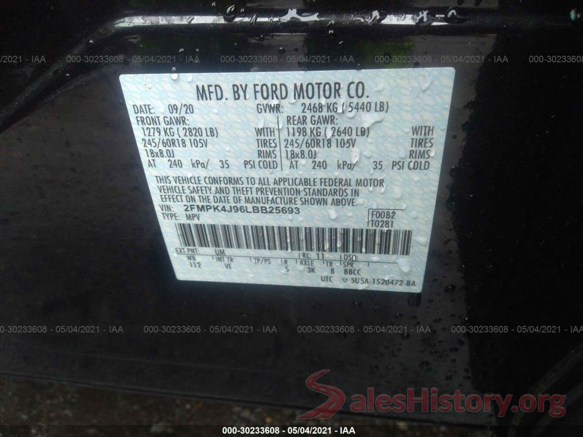 2FMPK4J96LBB25693 2020 FORD EDGE