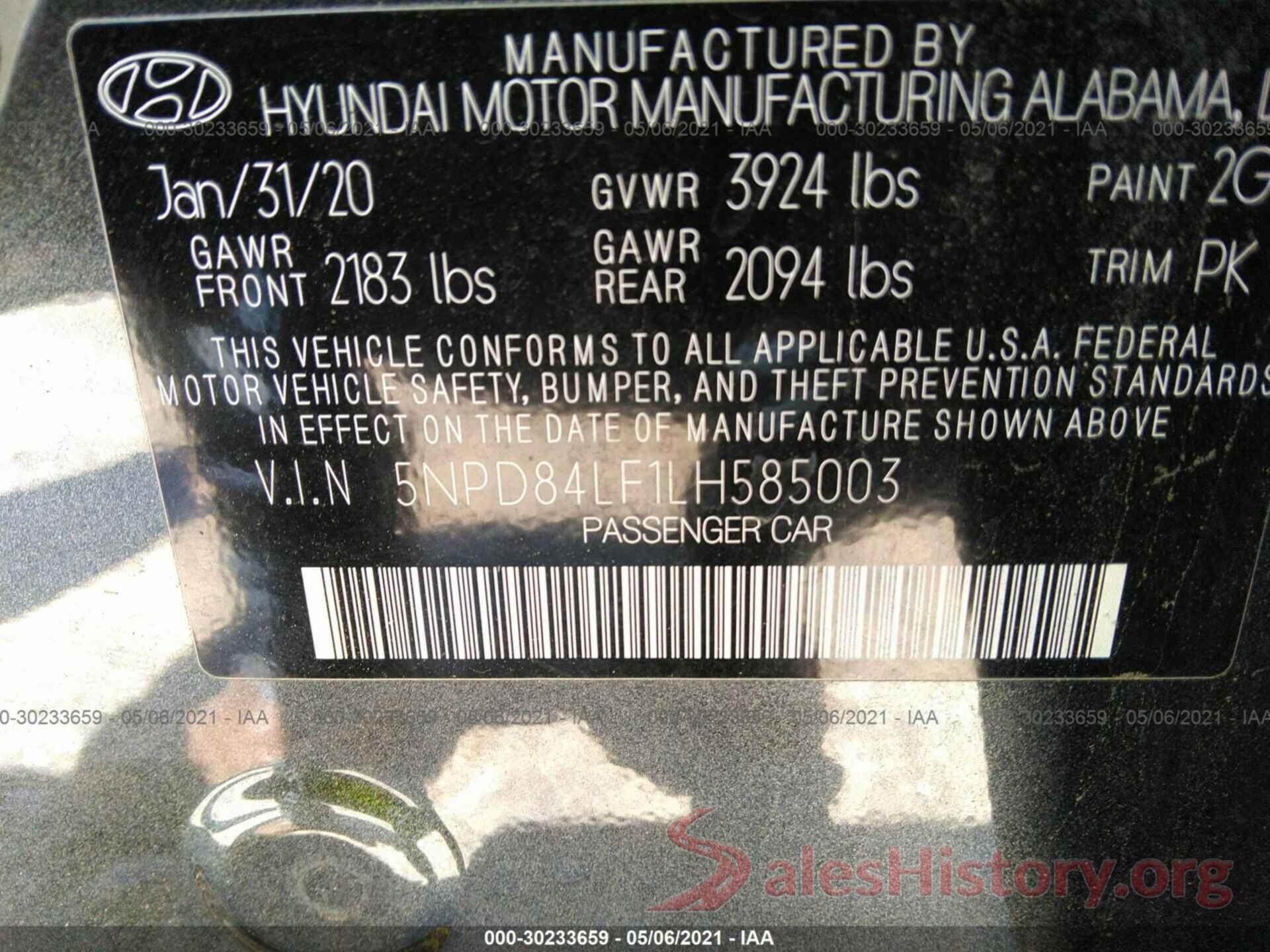 5NPD84LF1LH585003 2020 HYUNDAI ELANTRA